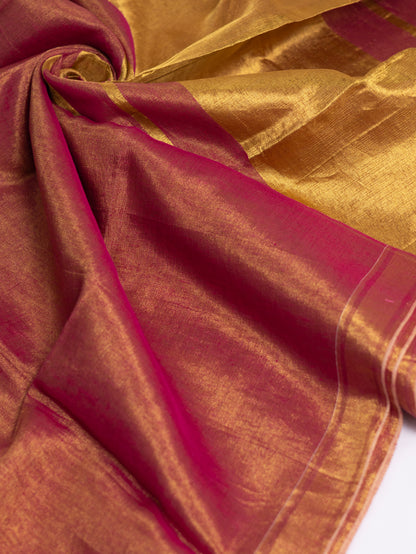 Orange & Gold Linen Tissue Saree with Classic Golden Border