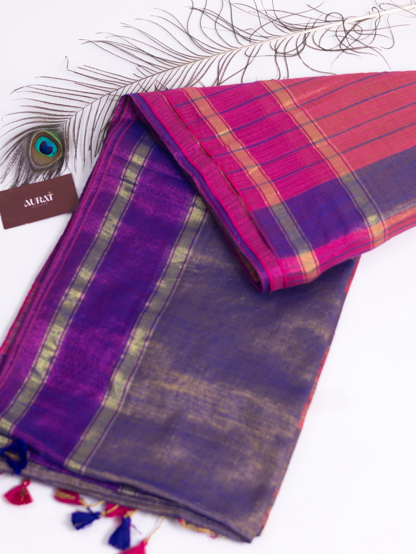 Purple & Gold Linen Tissue Saree with Contrast Pink Pallu
