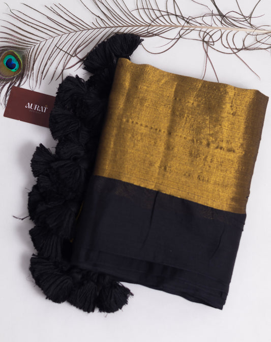 Golden  tissue saree with black  mul cotton border-S209