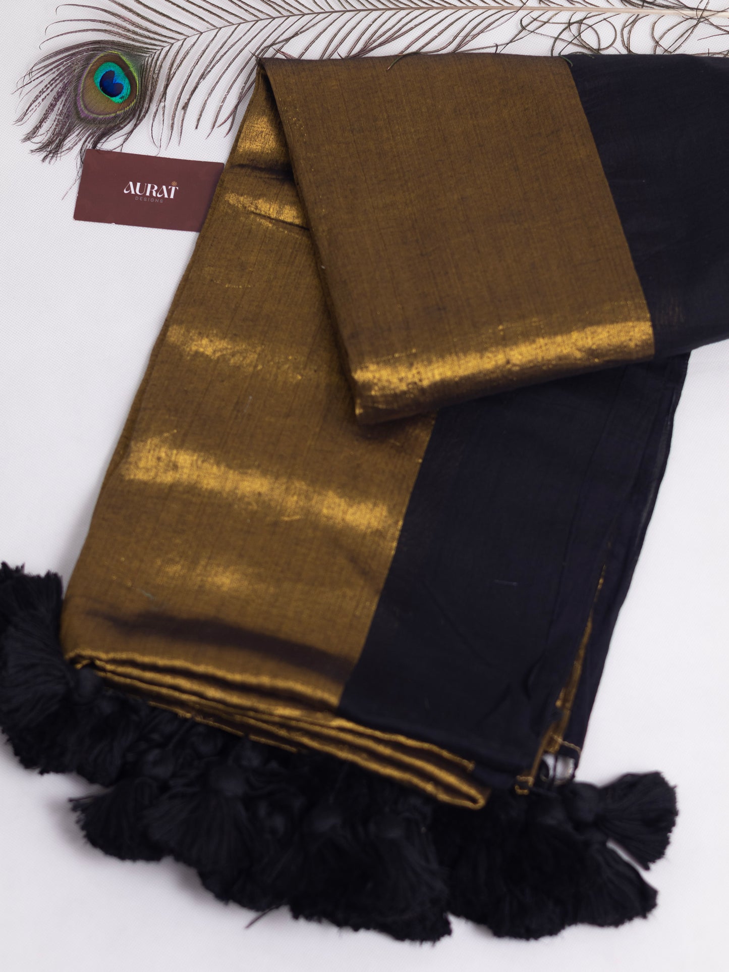 Golden  tissue saree with black  mul cotton border-S209