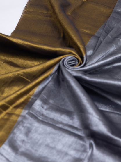 Metallic Grace – Grey & Gold Half-and-Half tissue Silk Saree
