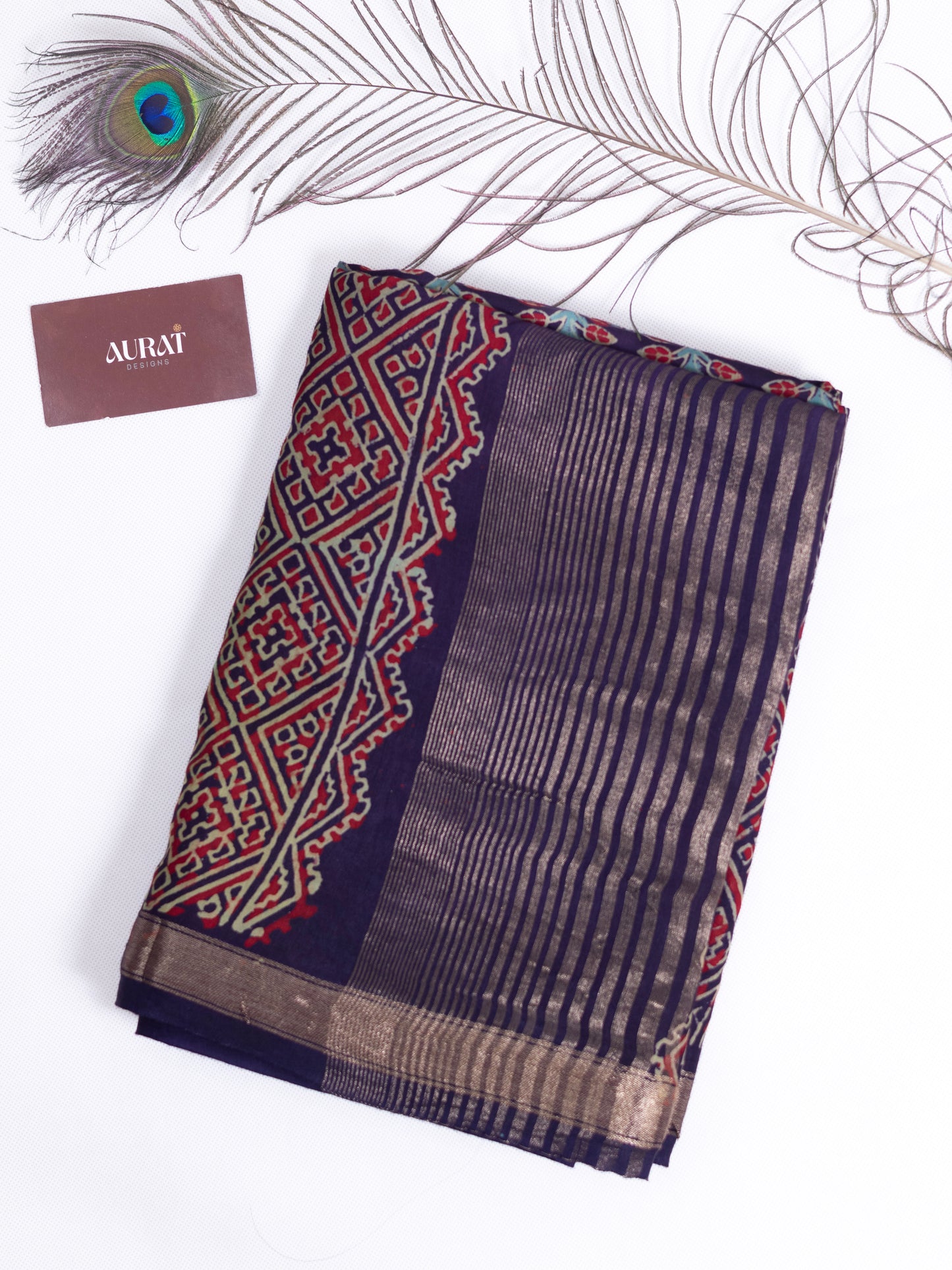 Dark blue handloom ajrak print silk saree-S156