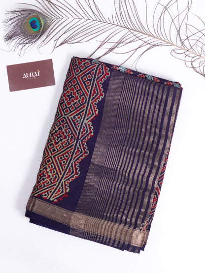 Dark blue handloom ajrak print silk saree-S156