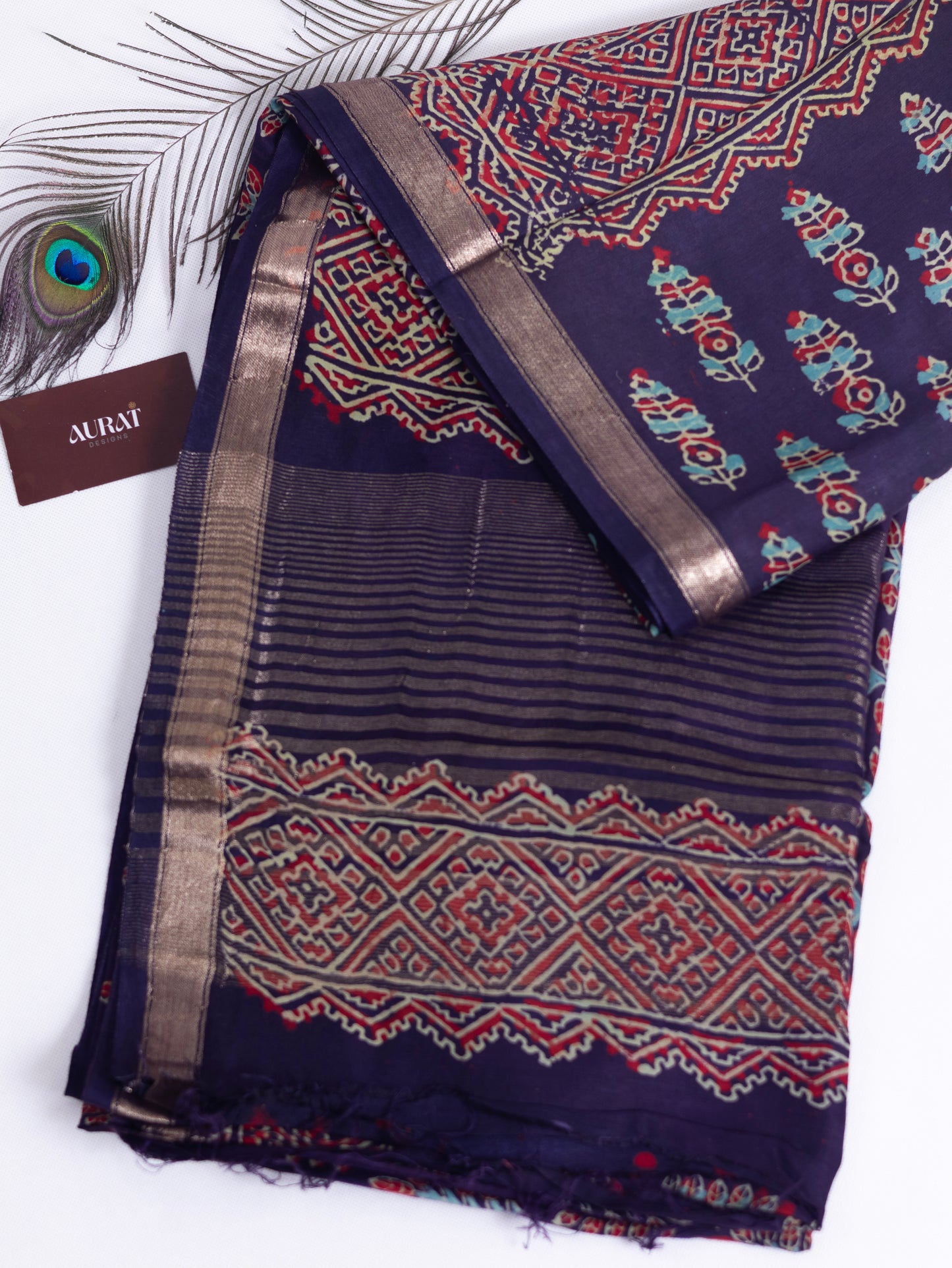 Dark blue handloom ajrak print silk saree-S156