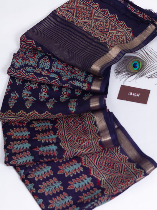 Dark blue handloom ajrak print silk saree-S156