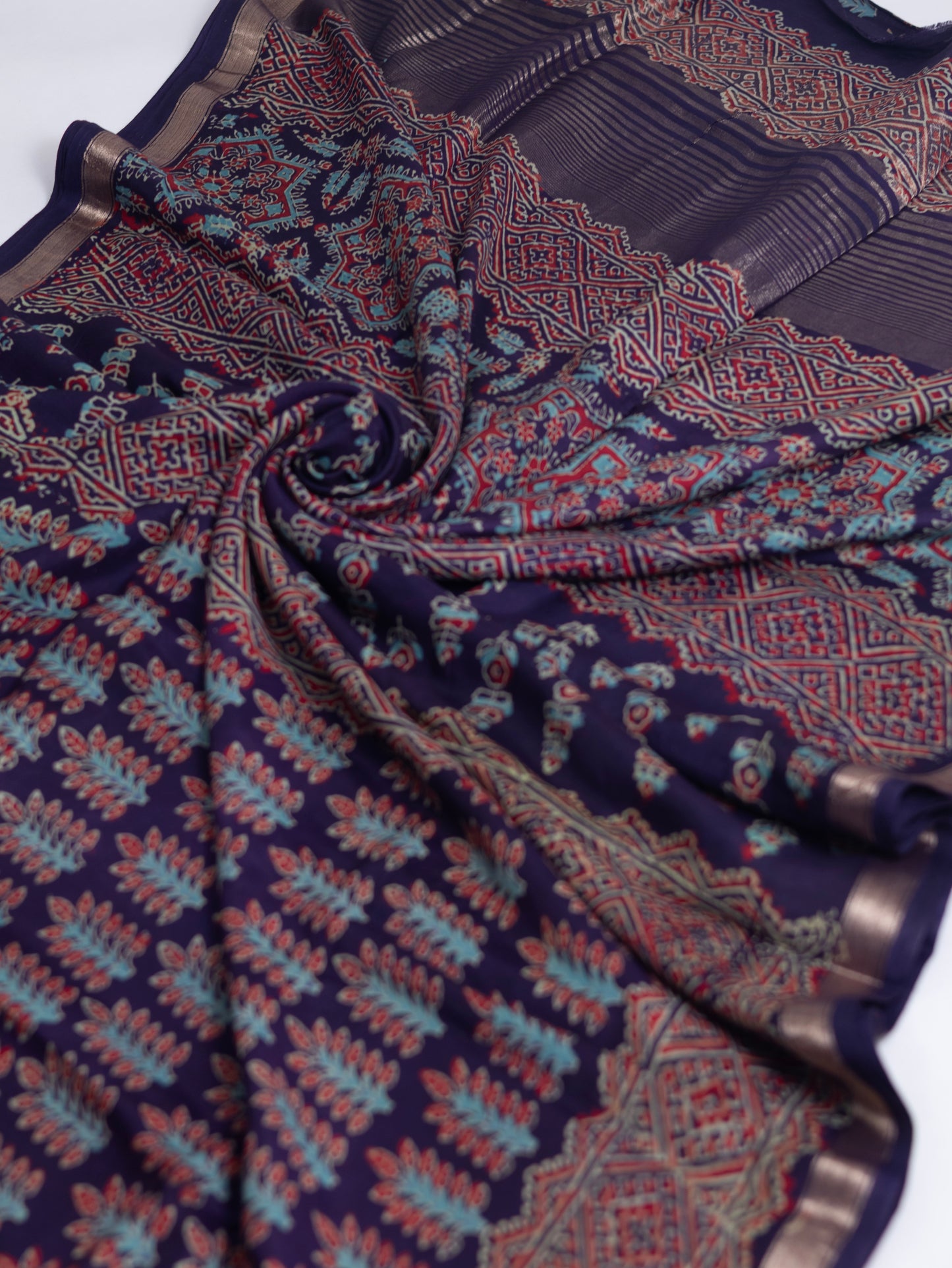 Dark blue handloom ajrak print silk saree-S156
