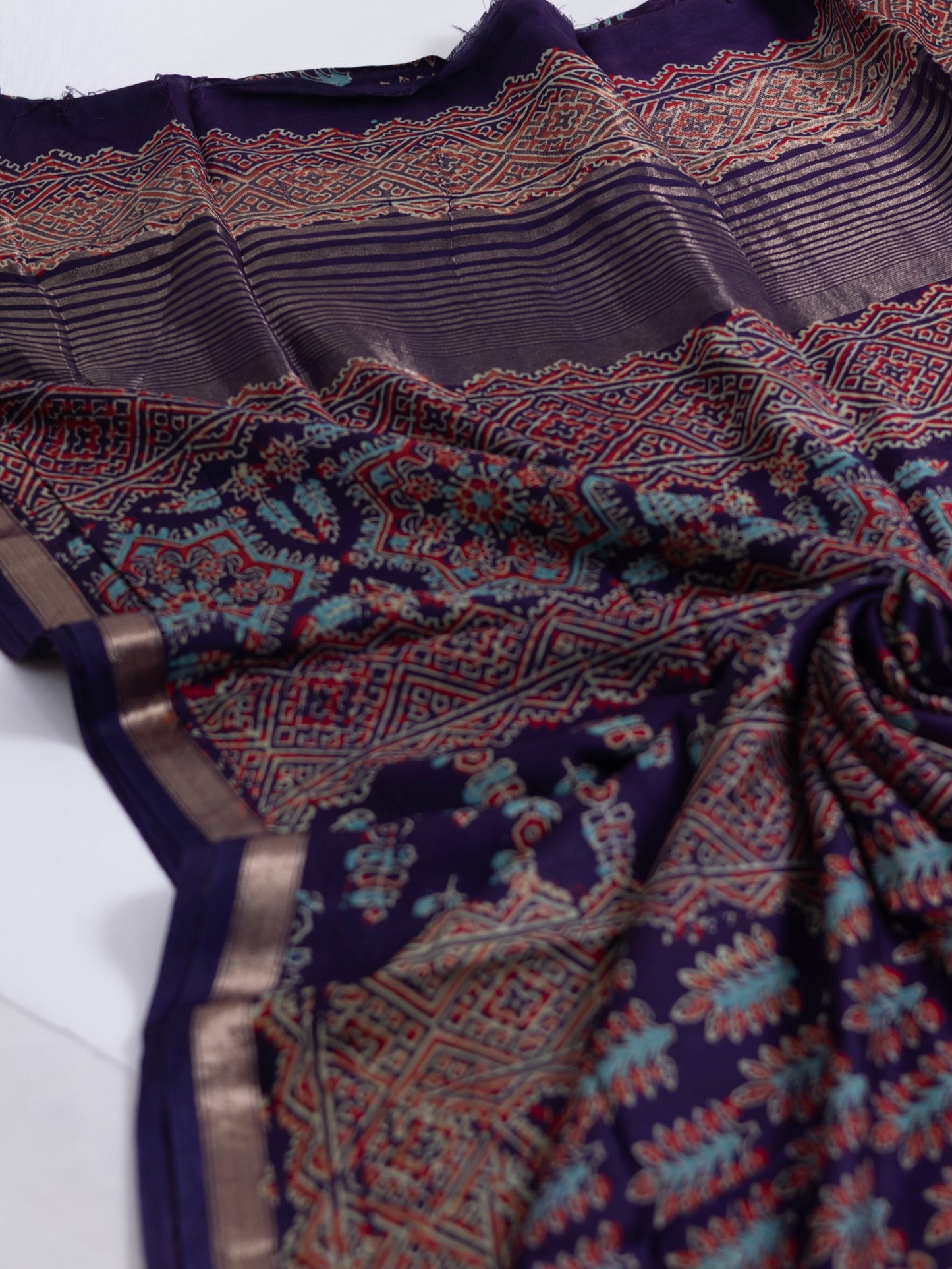 Dark blue handloom ajrak print silk saree-S156