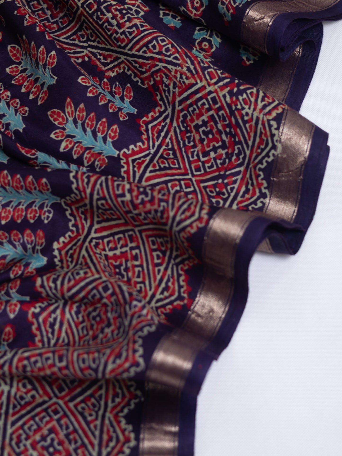 Dark blue handloom ajrak print silk saree-S156