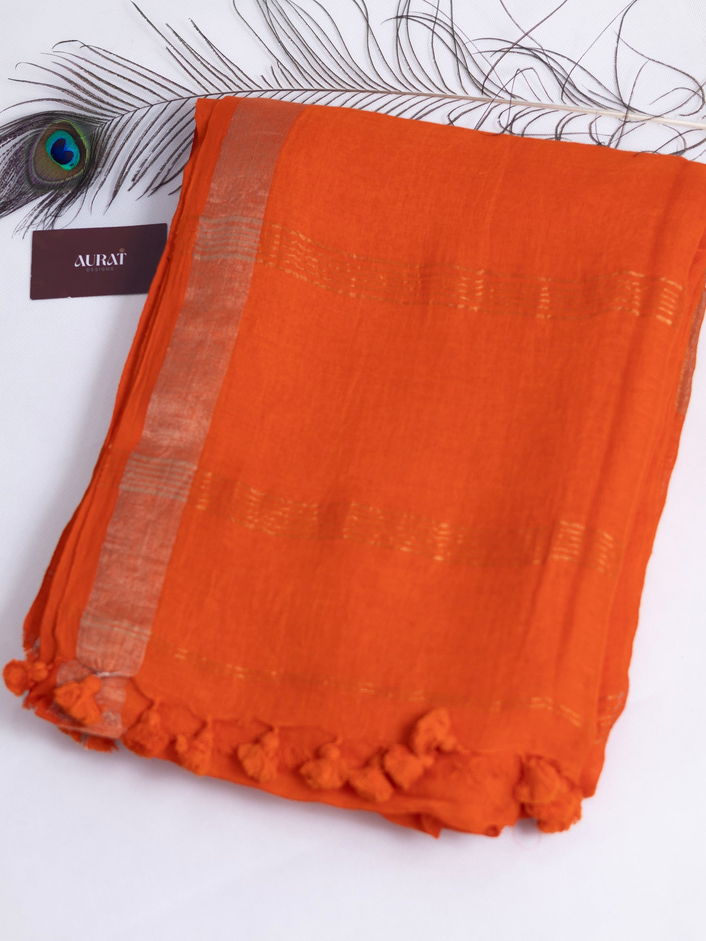 Orange color pure linen saree-S191