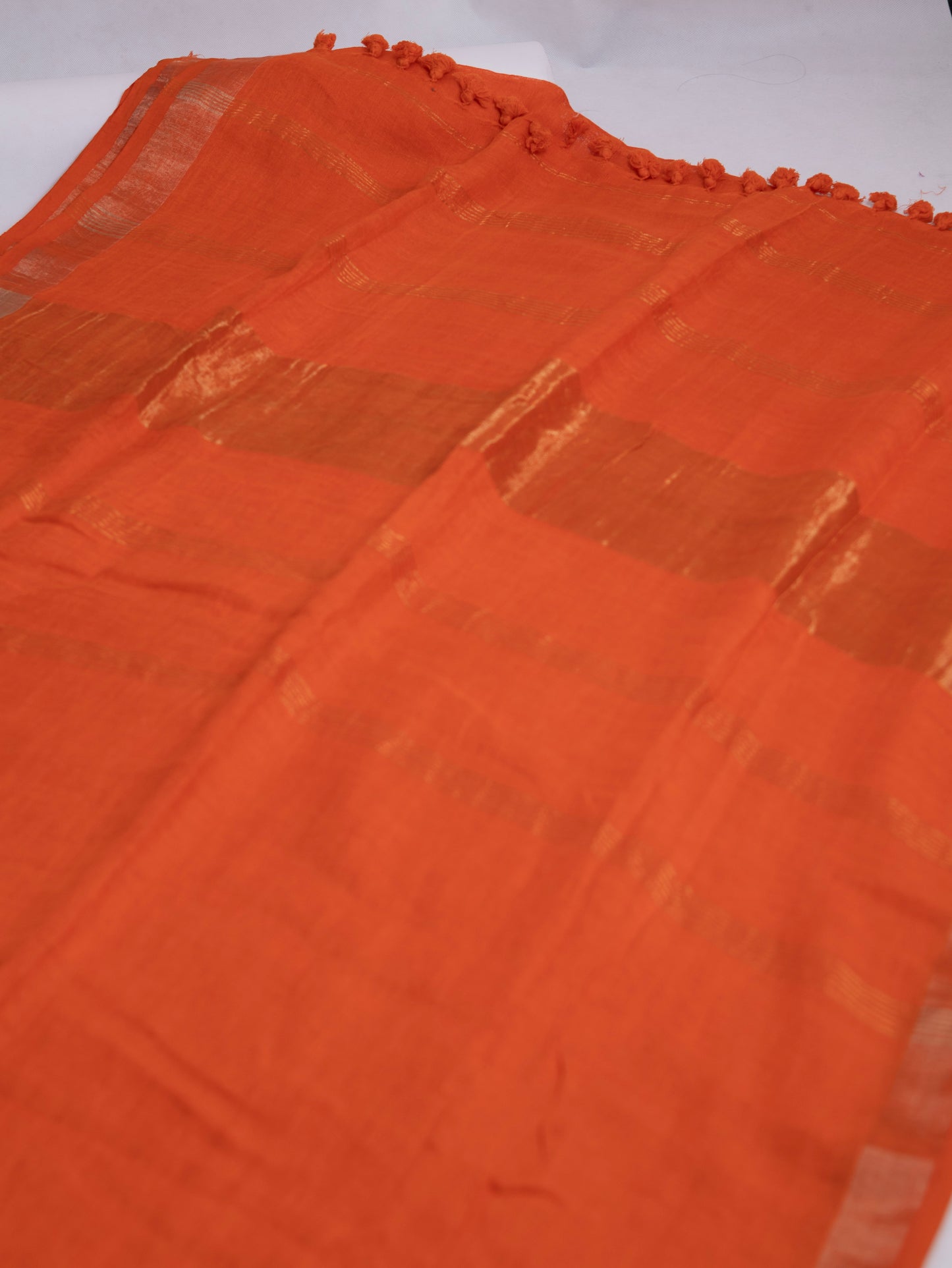 Orange color pure linen saree-S191