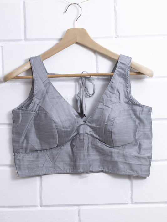 Semi silk sleeveless plain blouse for sarees - light grey- B107