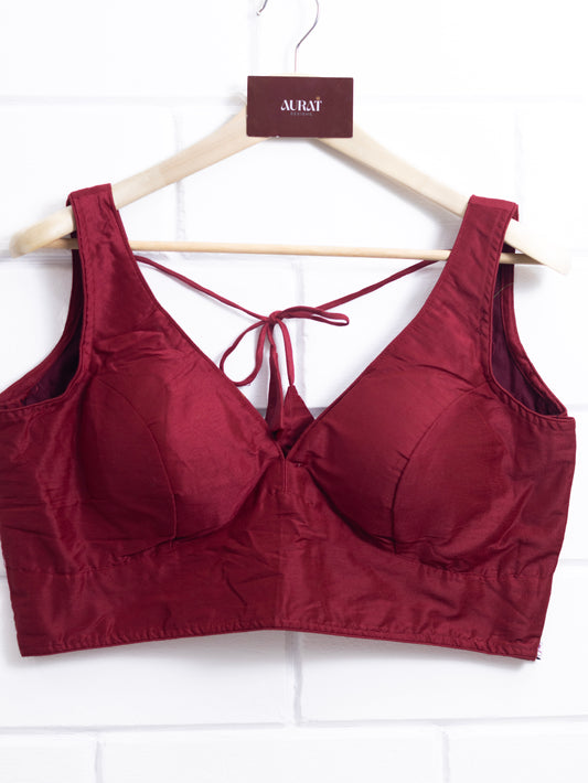 Semi silk sleeveless plain blouse for sarees - maroon-B115