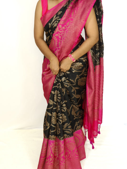 Black banarasi kataan semi silk saree-SA263