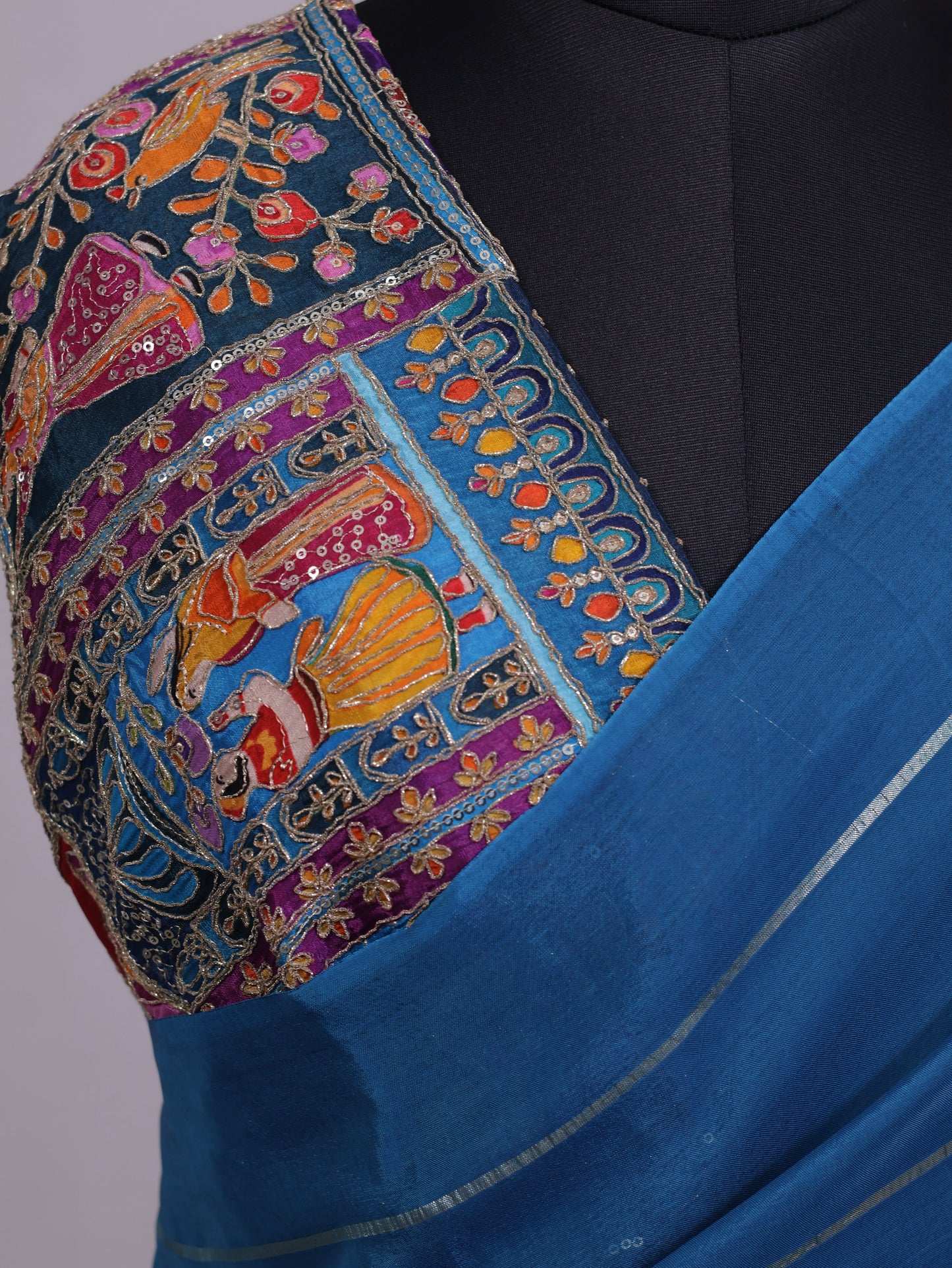 Blue viscose organza saree with designer blouse piece-S260