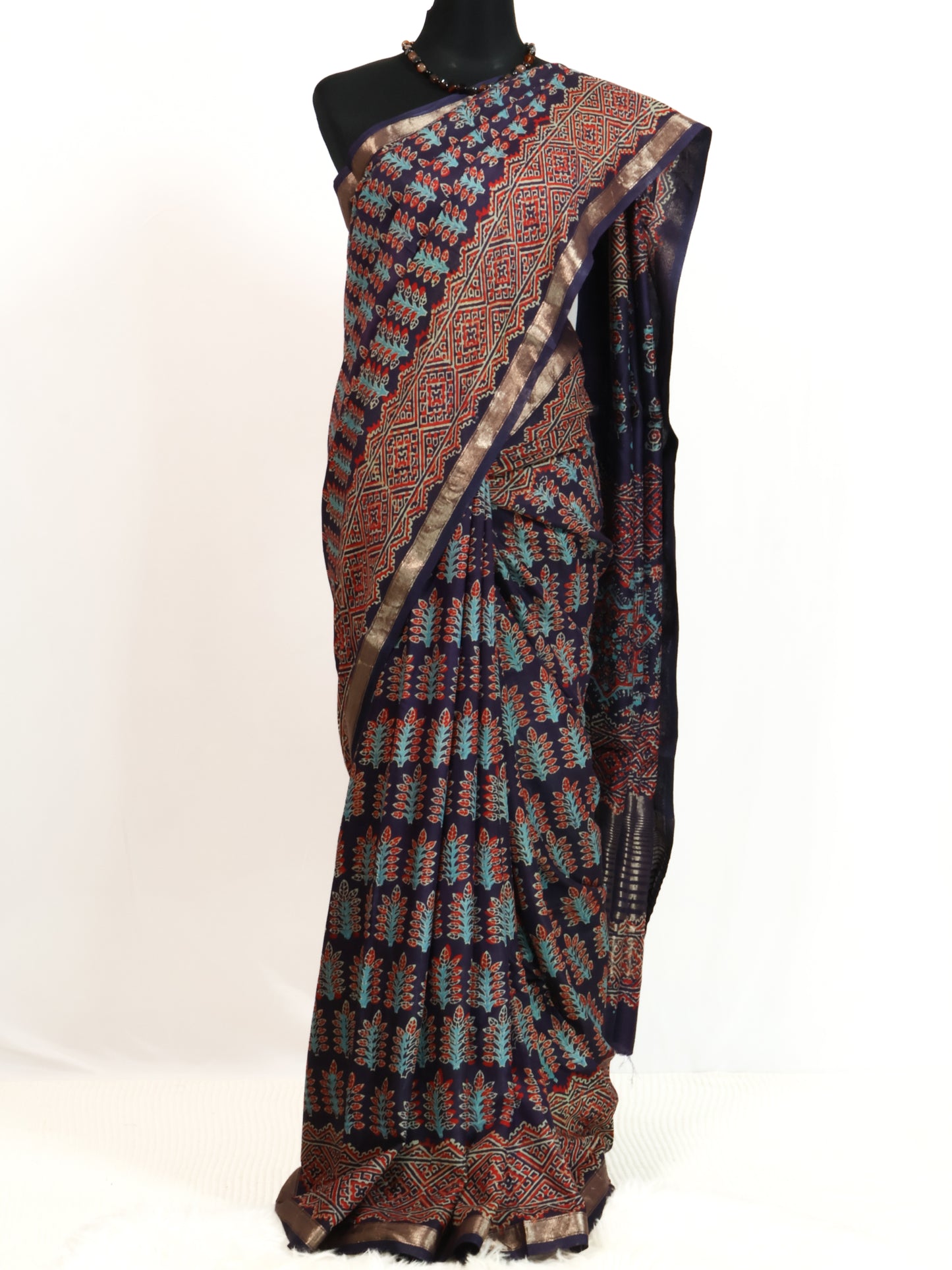 Dark blue handloom ajrak print silk saree-S156