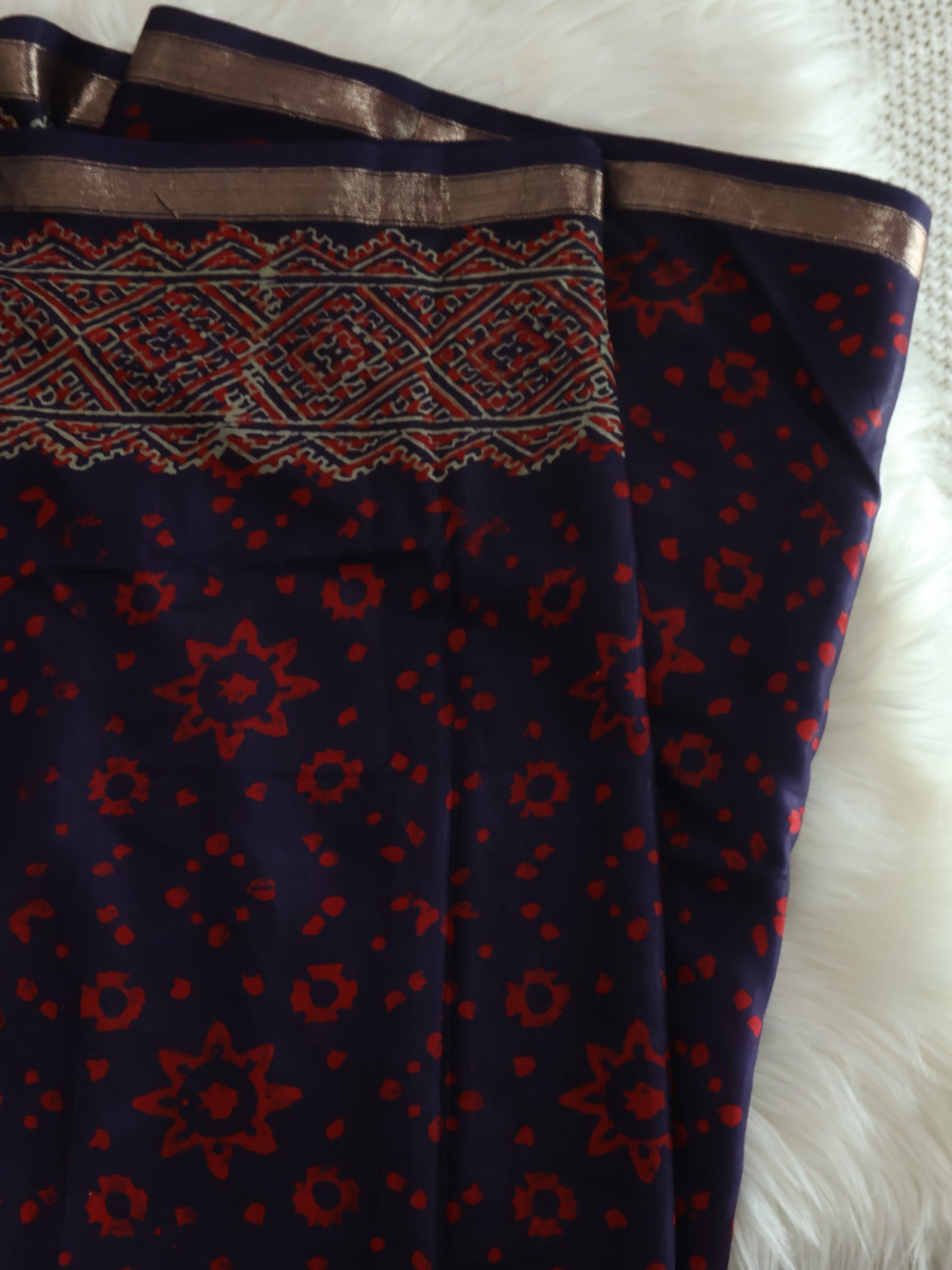 Dark blue handloom ajrak print silk saree-S156