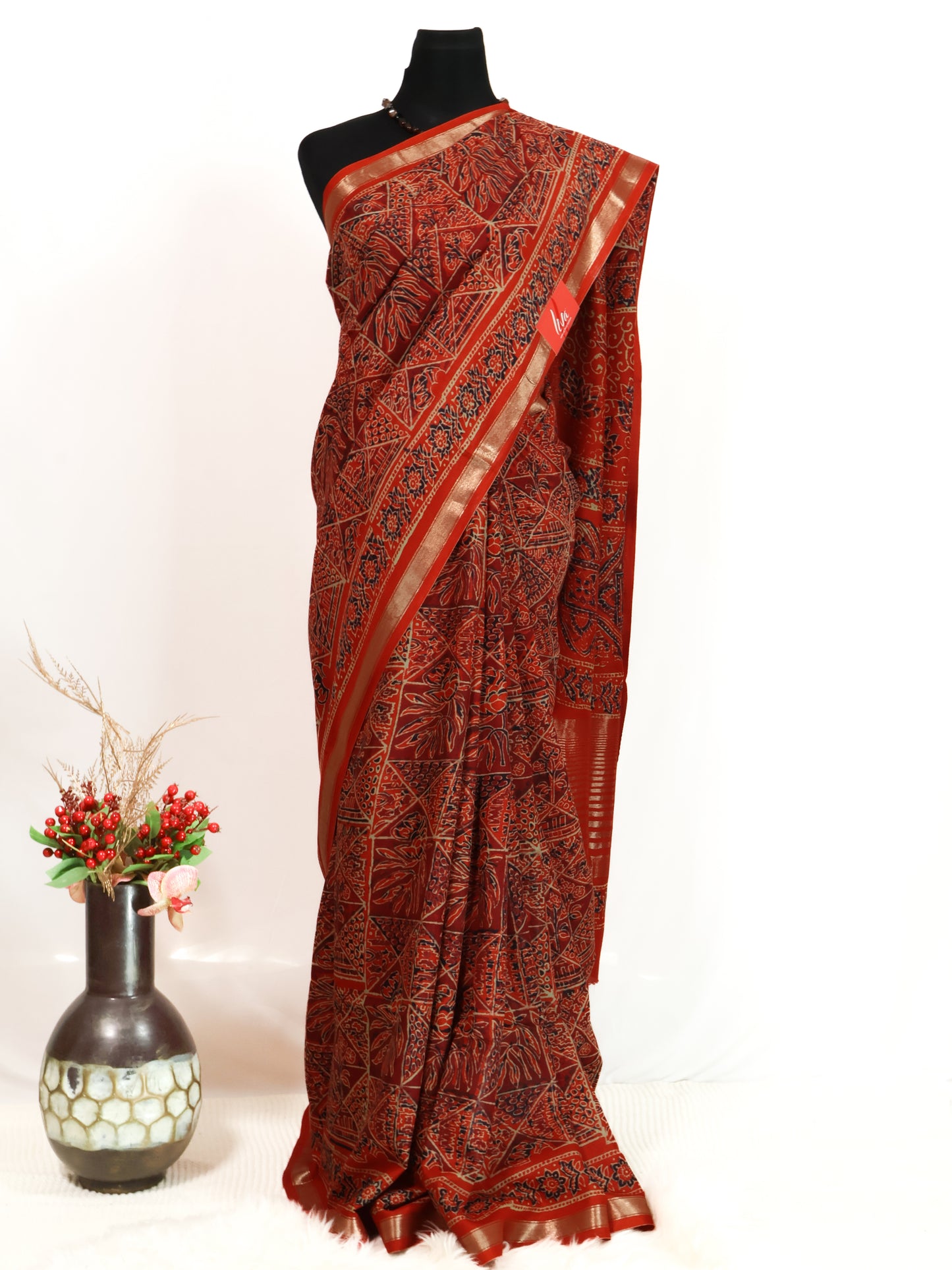 Red handloom ajrak print silk saree-S157