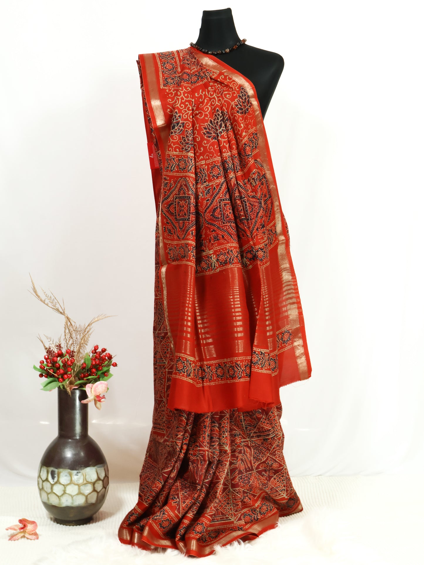 Red handloom ajrak print silk saree-S157