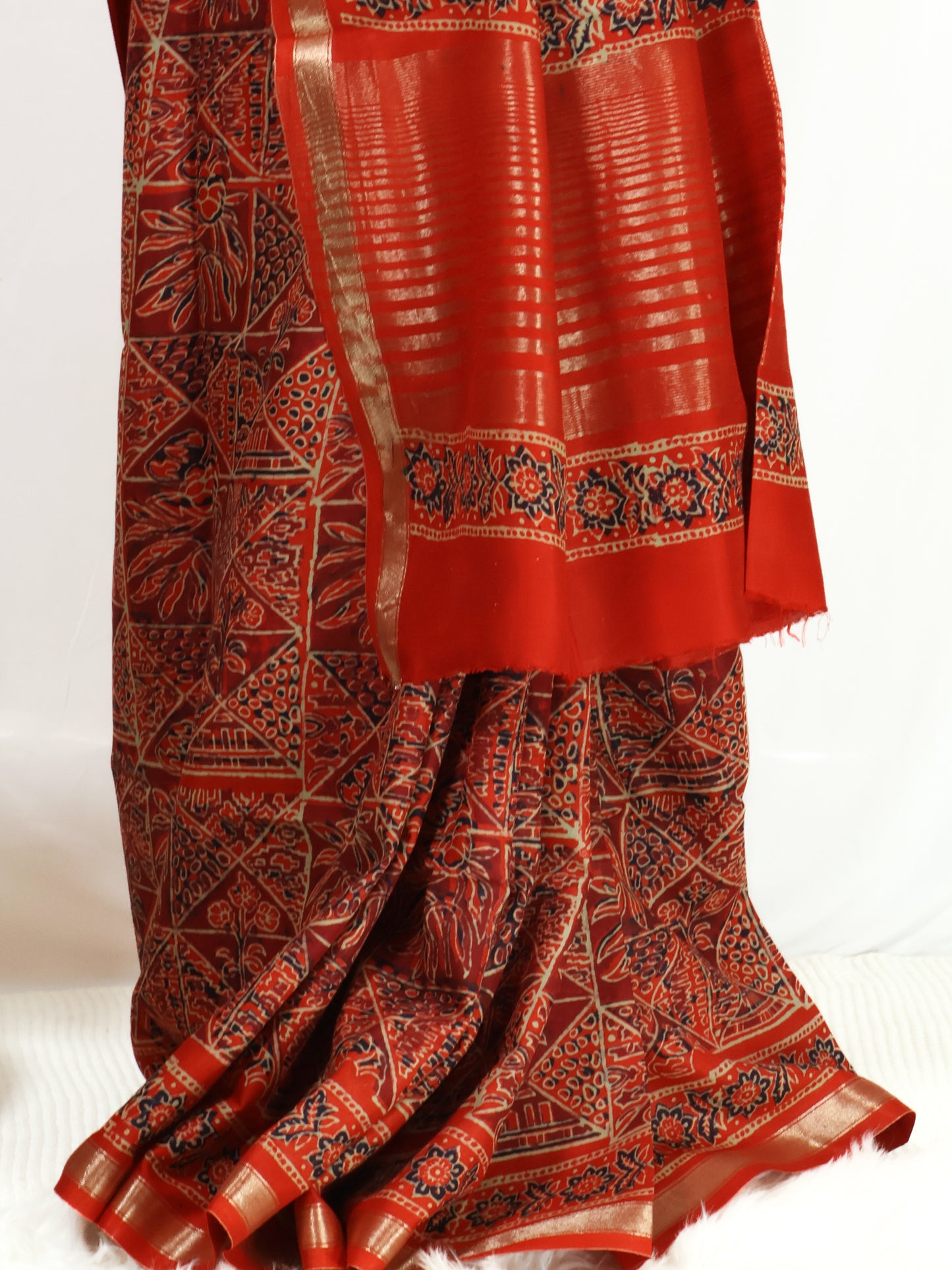 Red handloom ajrak print silk saree-S157