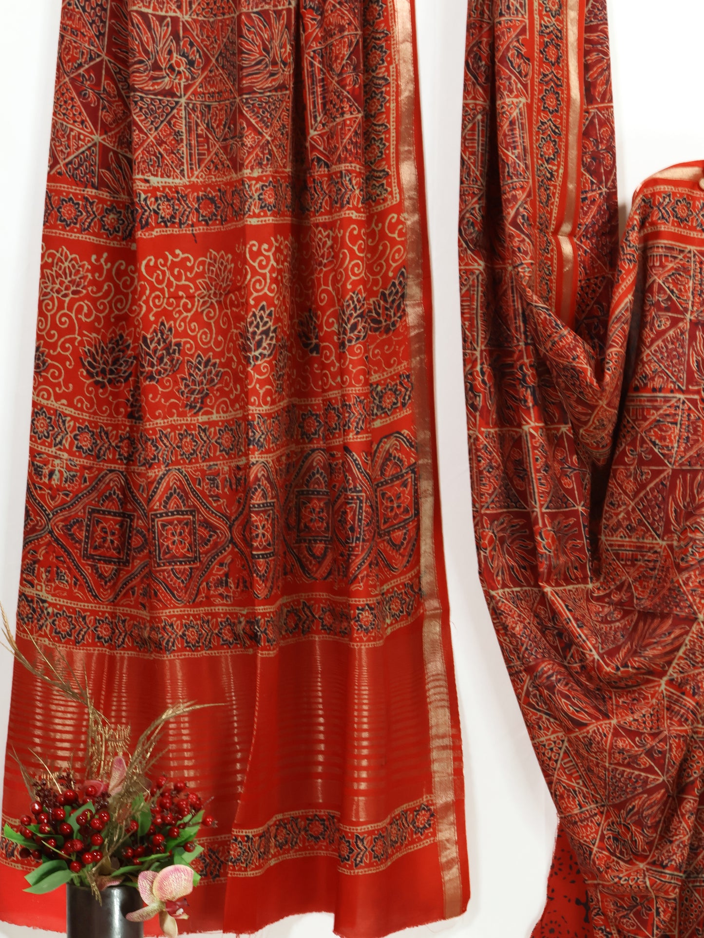 Red handloom ajrak print silk saree-S157