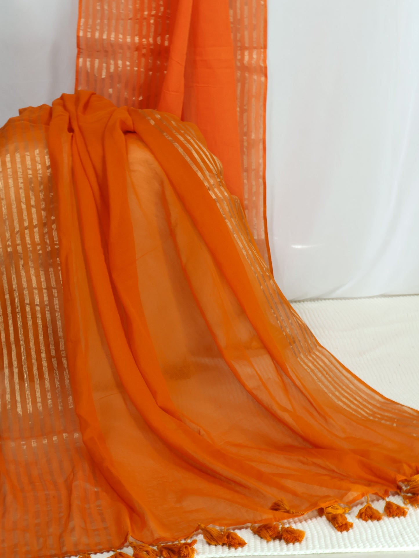 Orange color golden zari mul cotton saree-S215