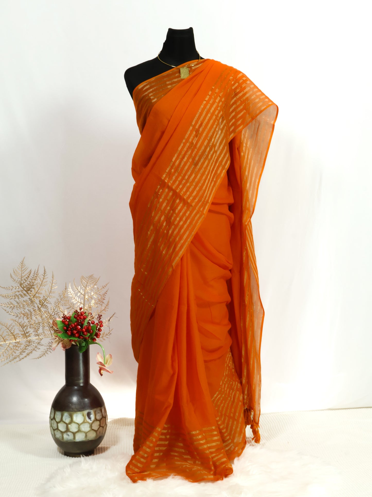 Orange color golden zari mul cotton saree-S215