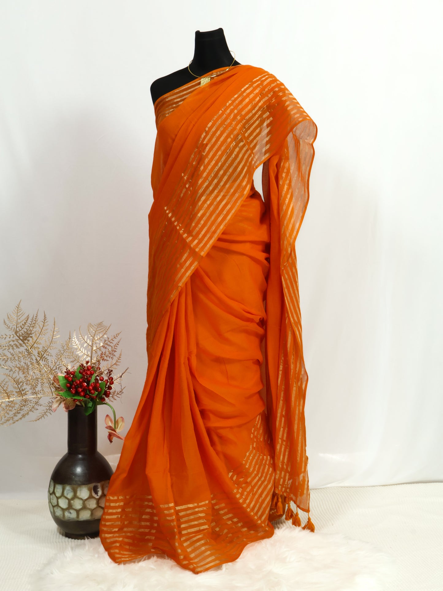 Orange color golden zari mul cotton saree-S215