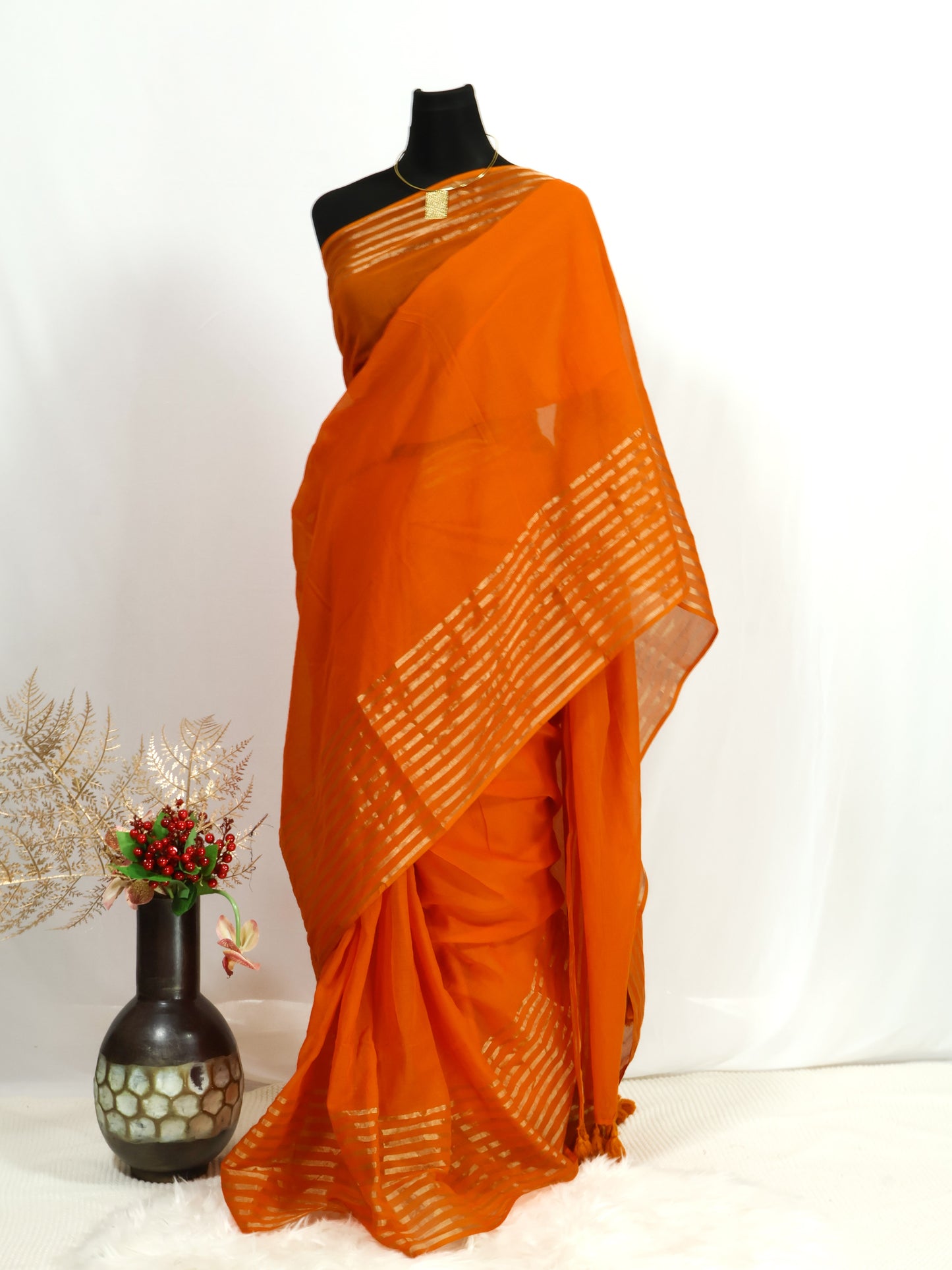 Orange color golden zari mul cotton saree-S215