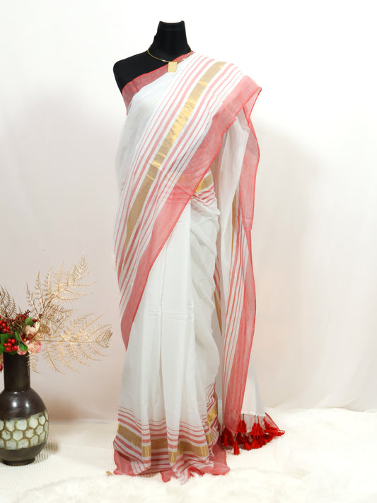 Off white & red color mul cotton saree-S213