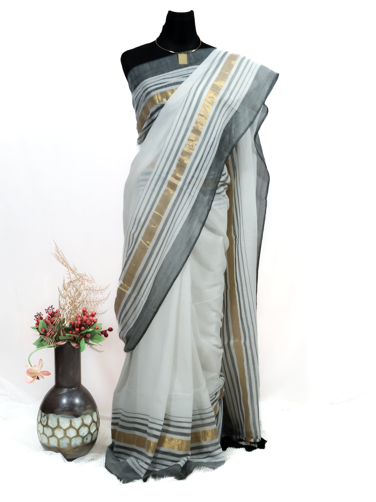 Off white & ash color mul cotton saree-S212