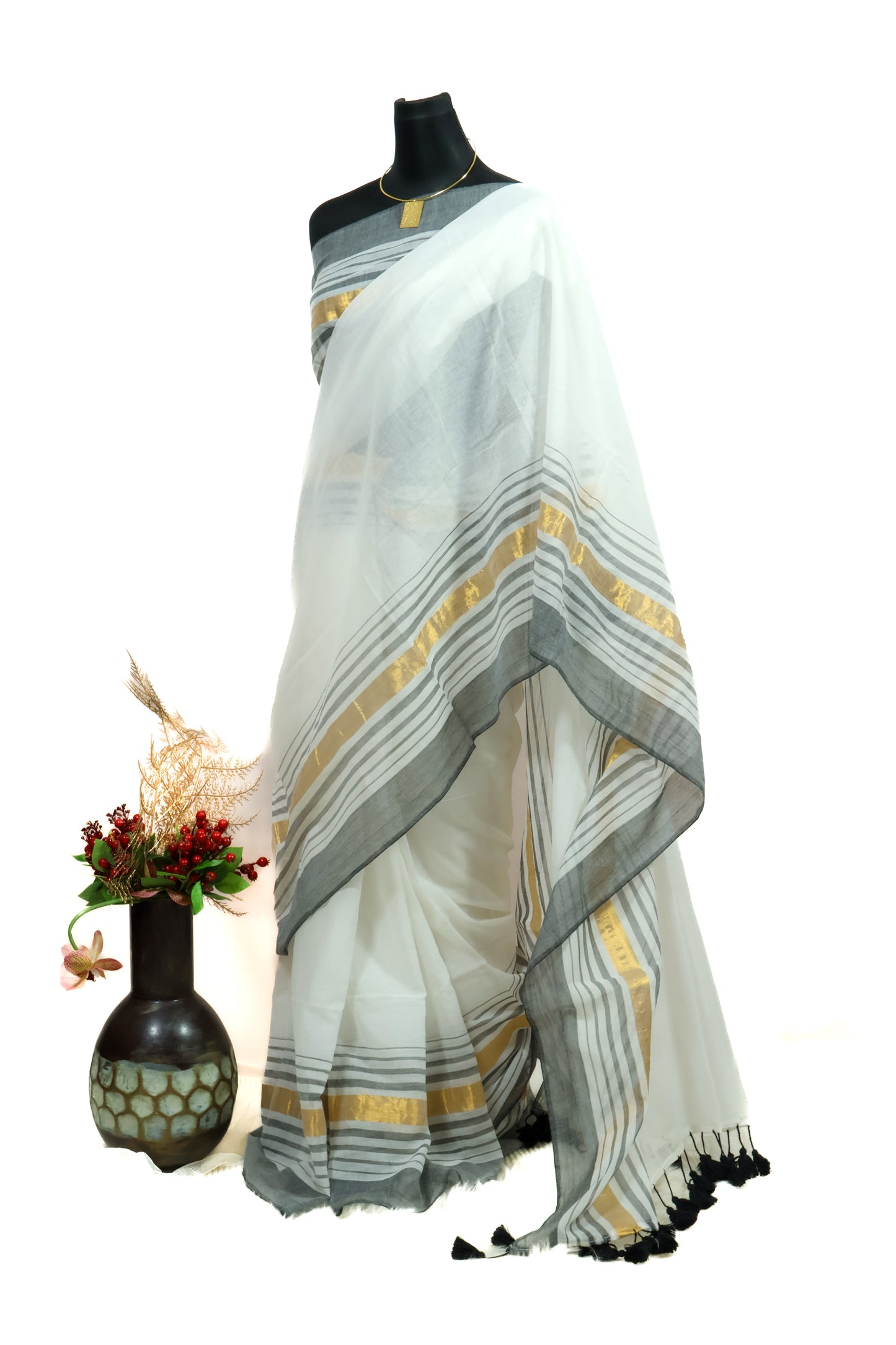 Off white & ash color mul cotton saree-S212