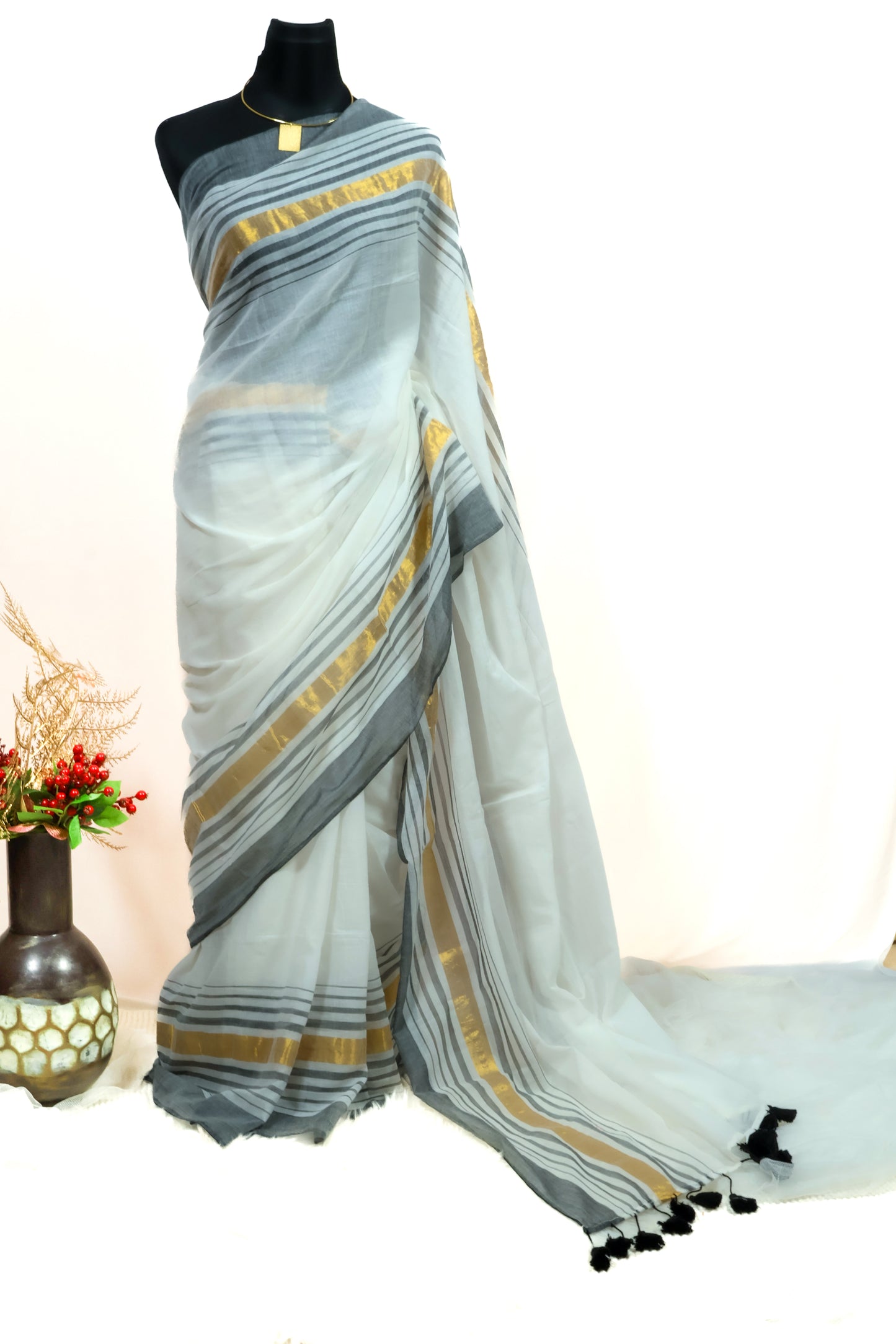 Off white & ash color mul cotton saree-S212