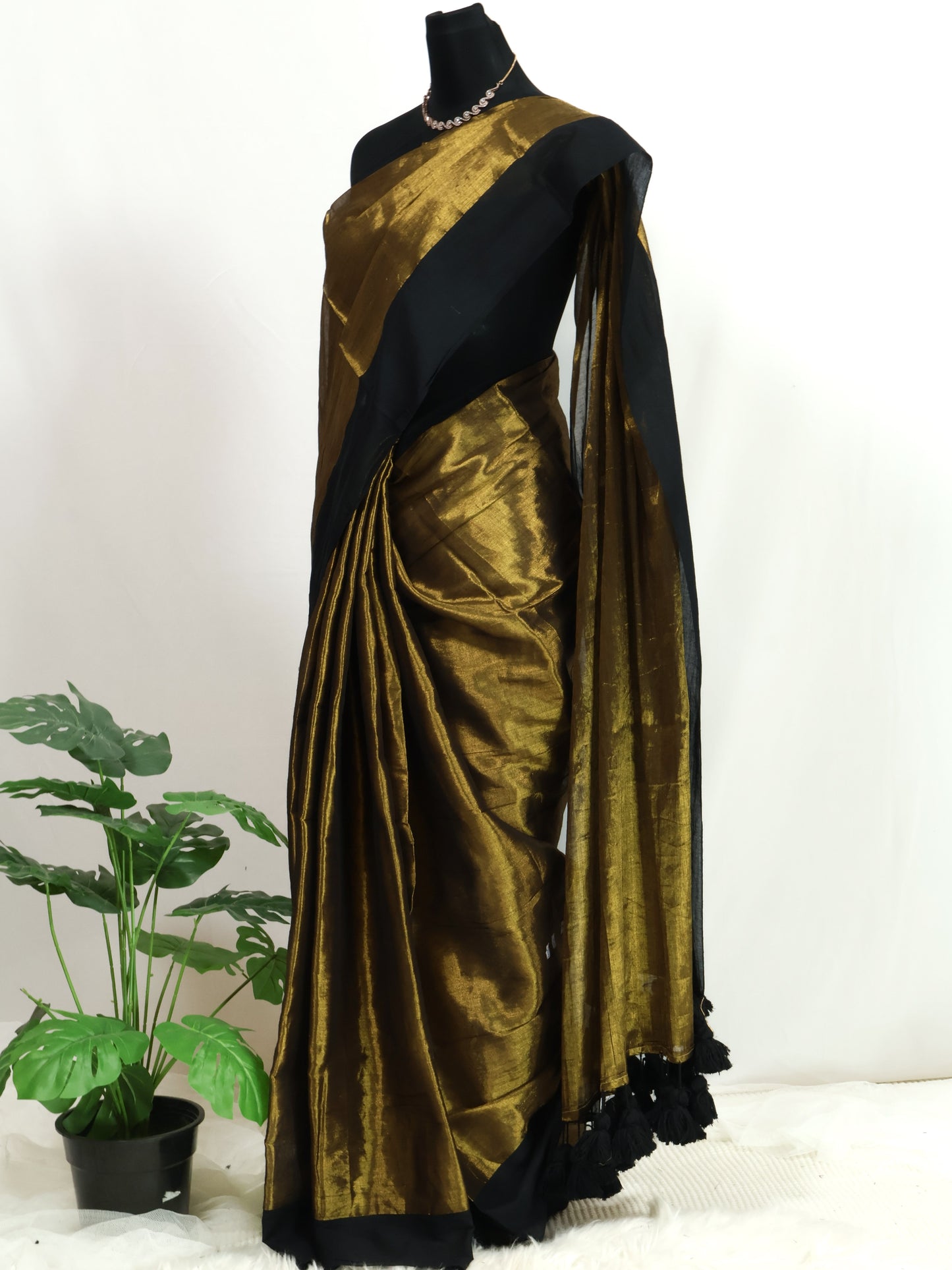 Golden  tissue saree with black  mul cotton border-S209