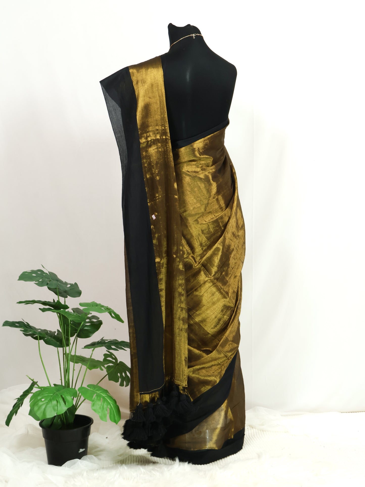 Golden  tissue saree with black  mul cotton border-S209