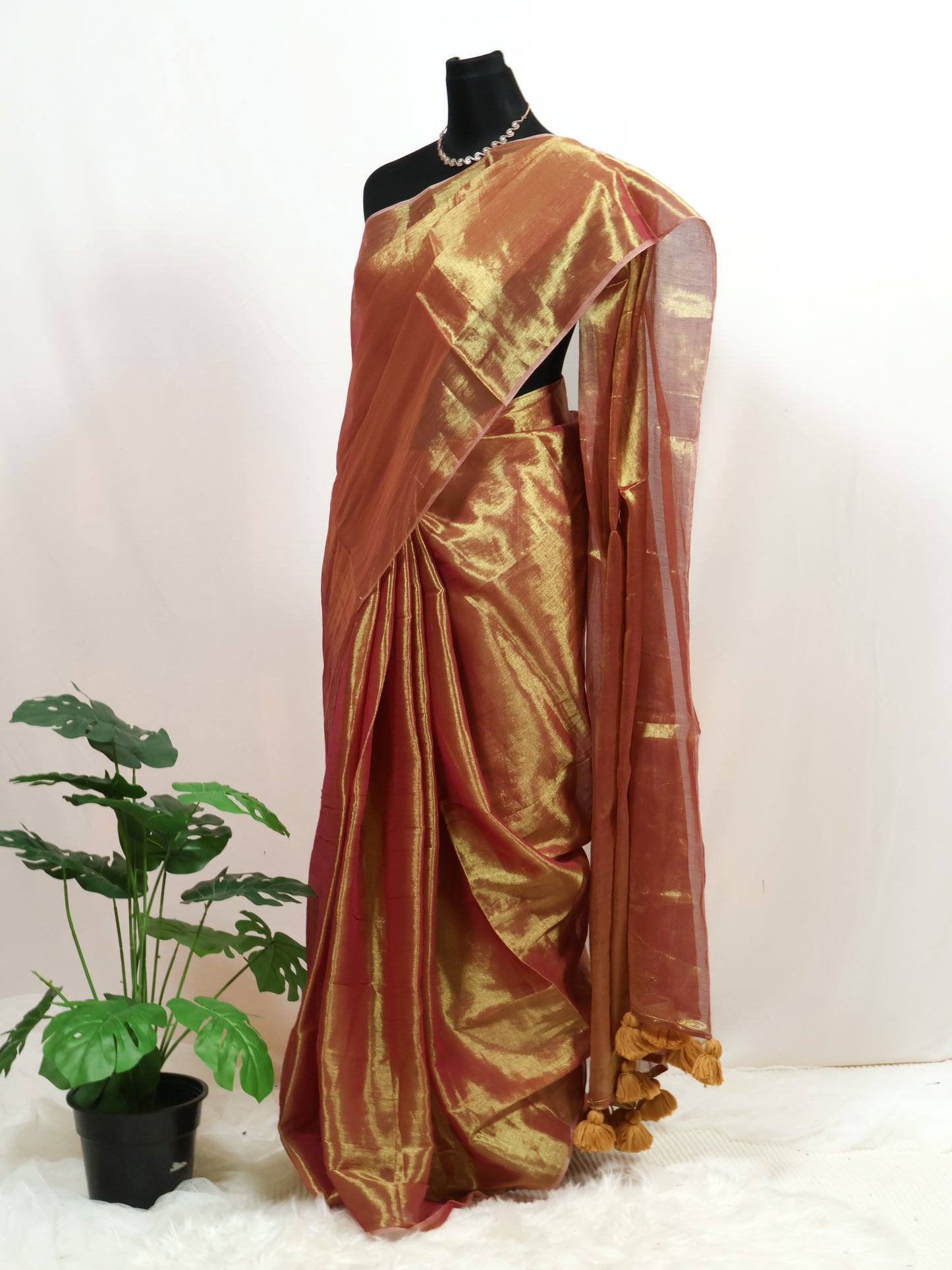 Golden & pink combination tissue saree-S208