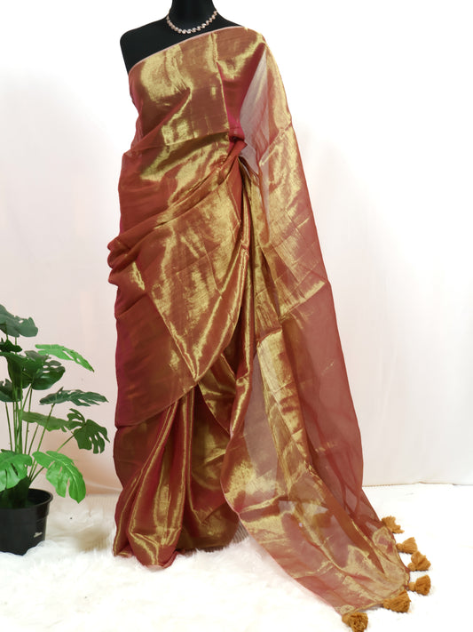 Golden & pink combination tissue saree-S208