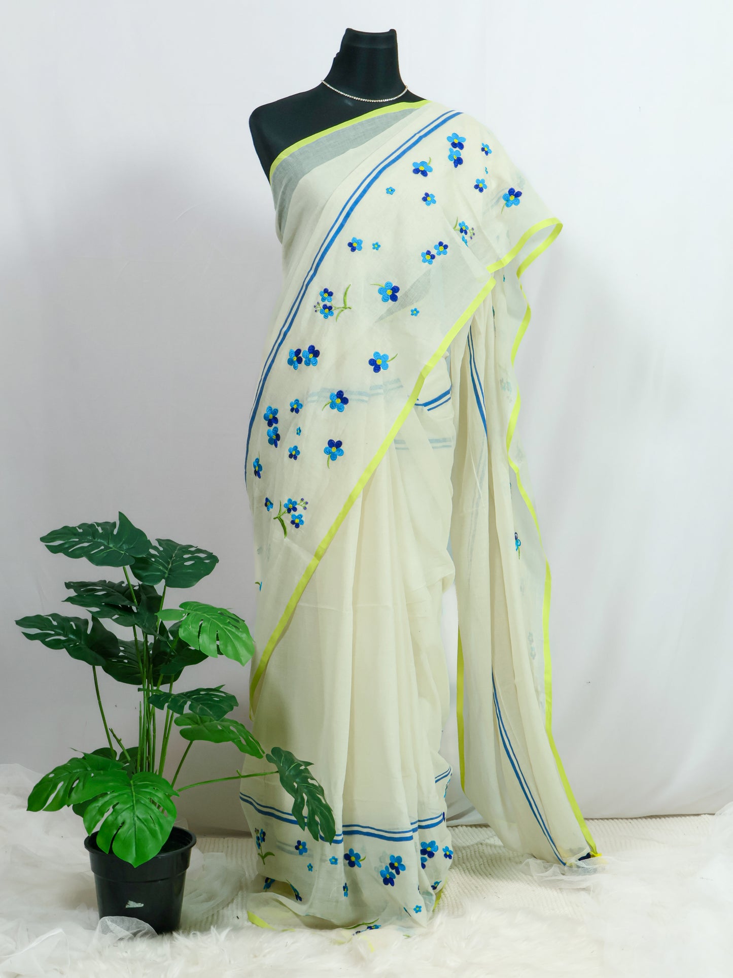 Cream & light green mul cotton saree-S207