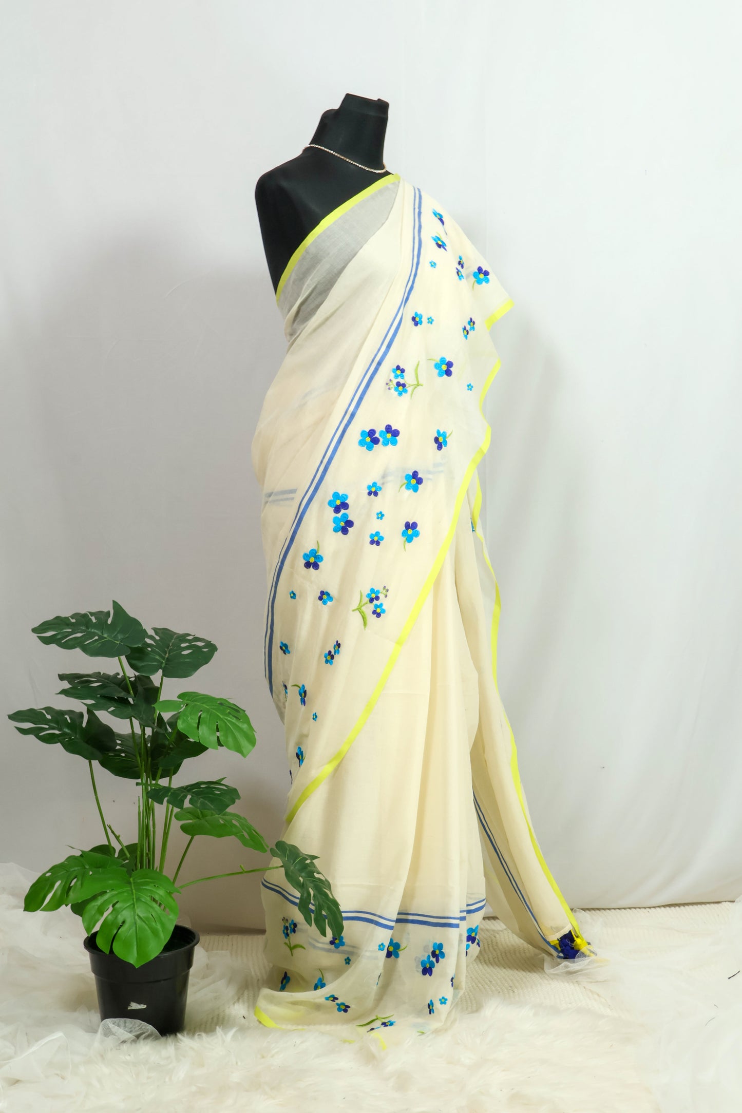 Cream & light green mul cotton saree-S207