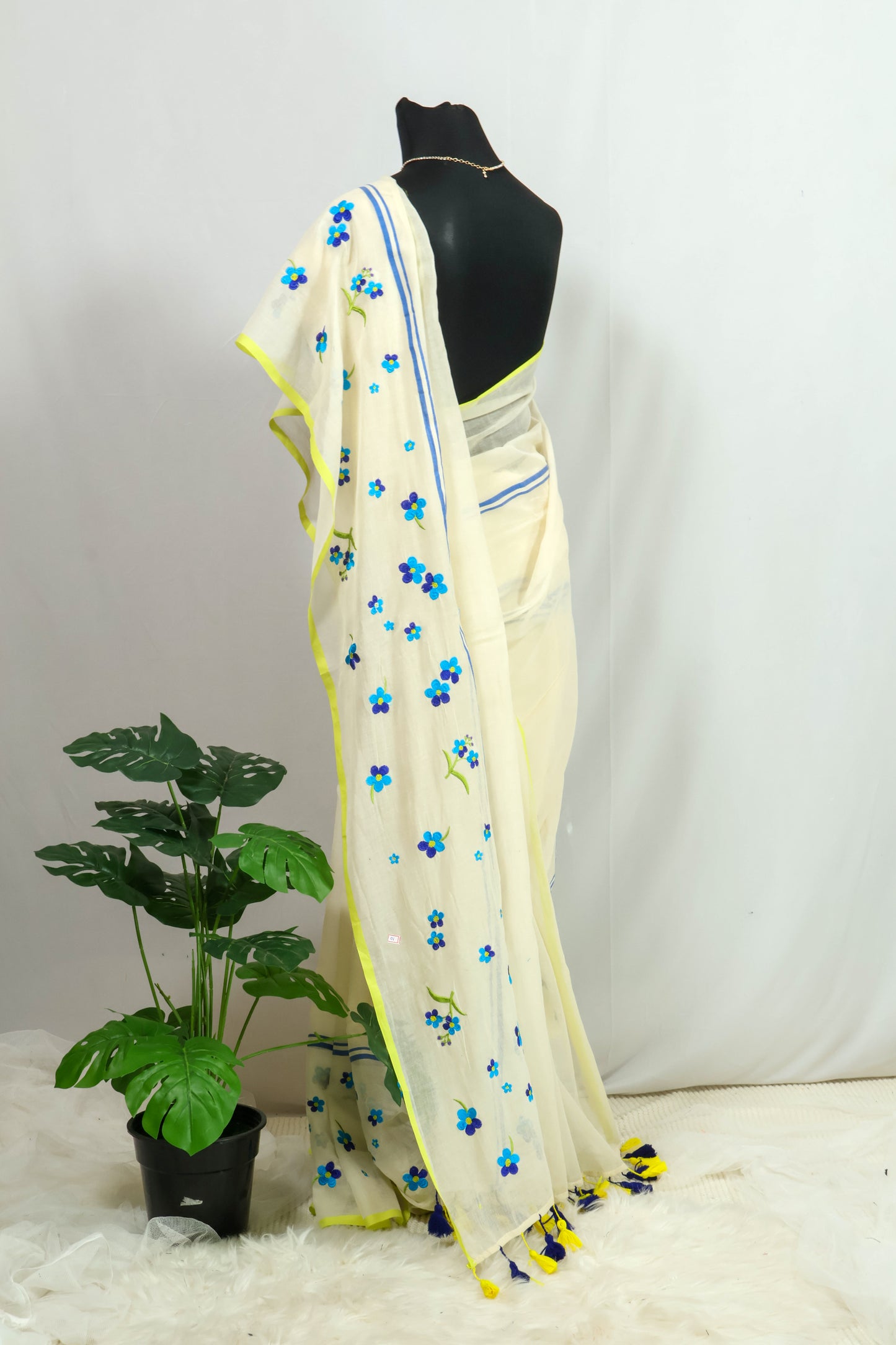 Cream & light green mul cotton saree-S207