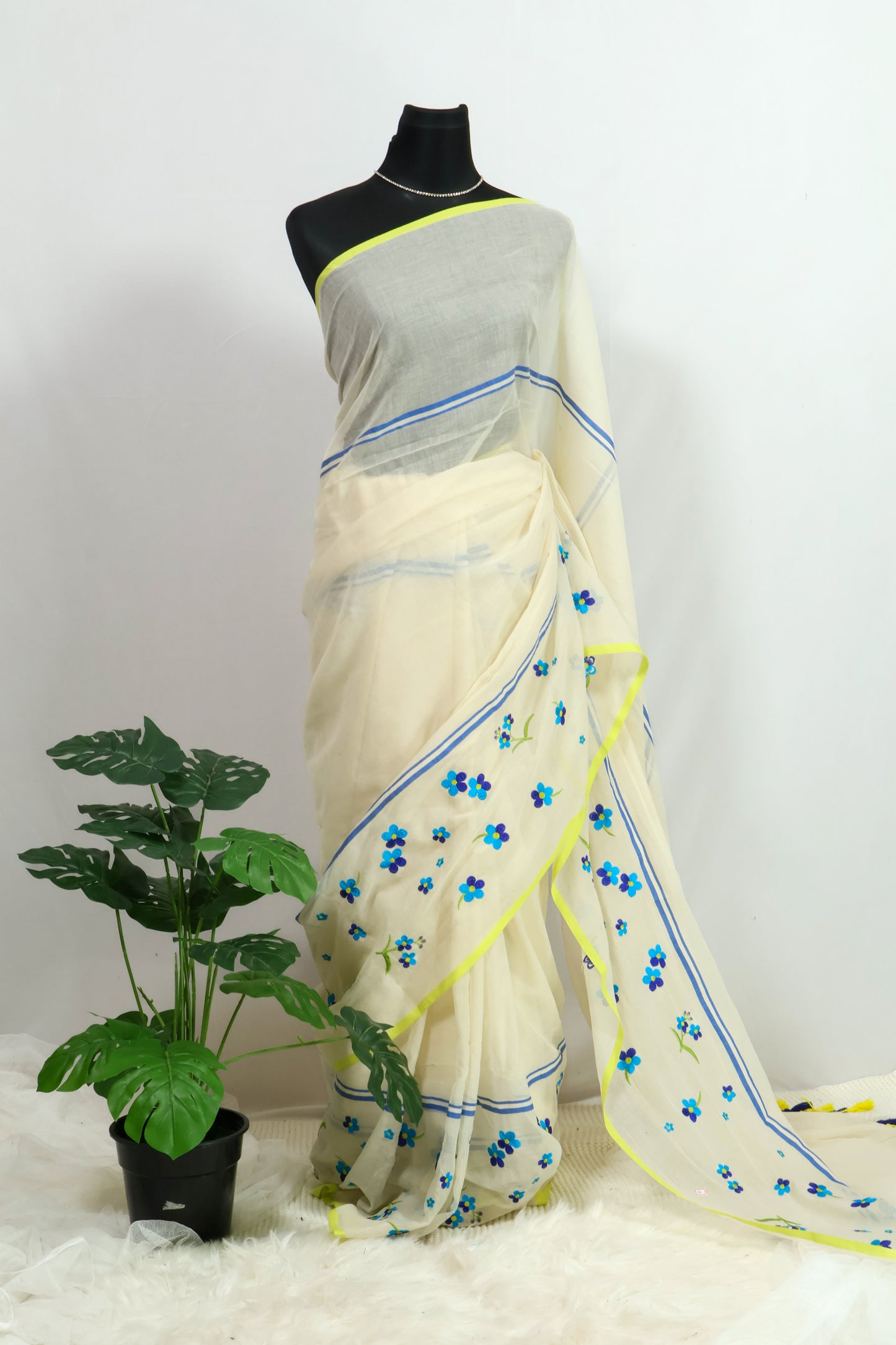 Cream & light green mul cotton saree-S207