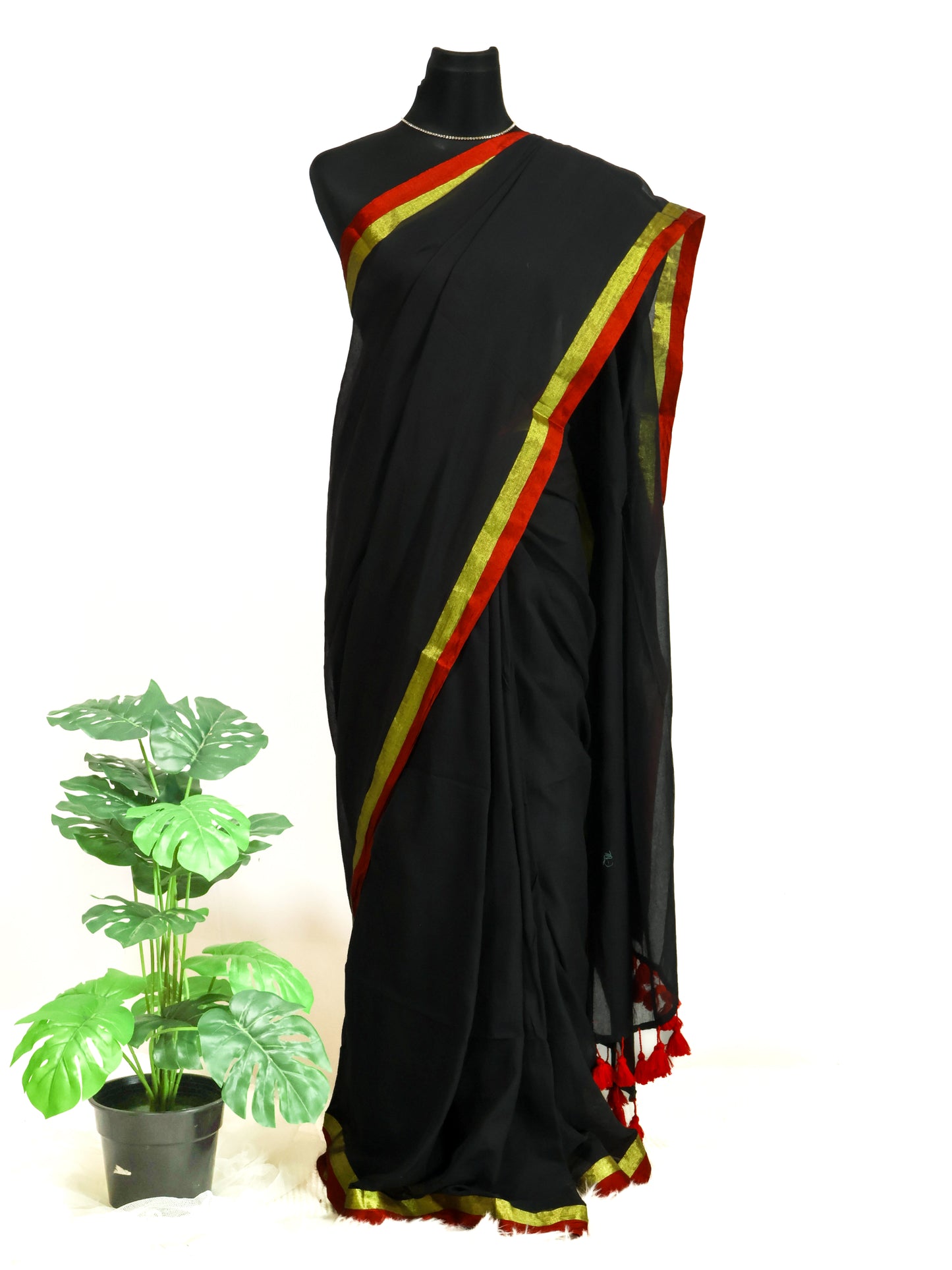 Black color red and golden border mul cotton saree-S197