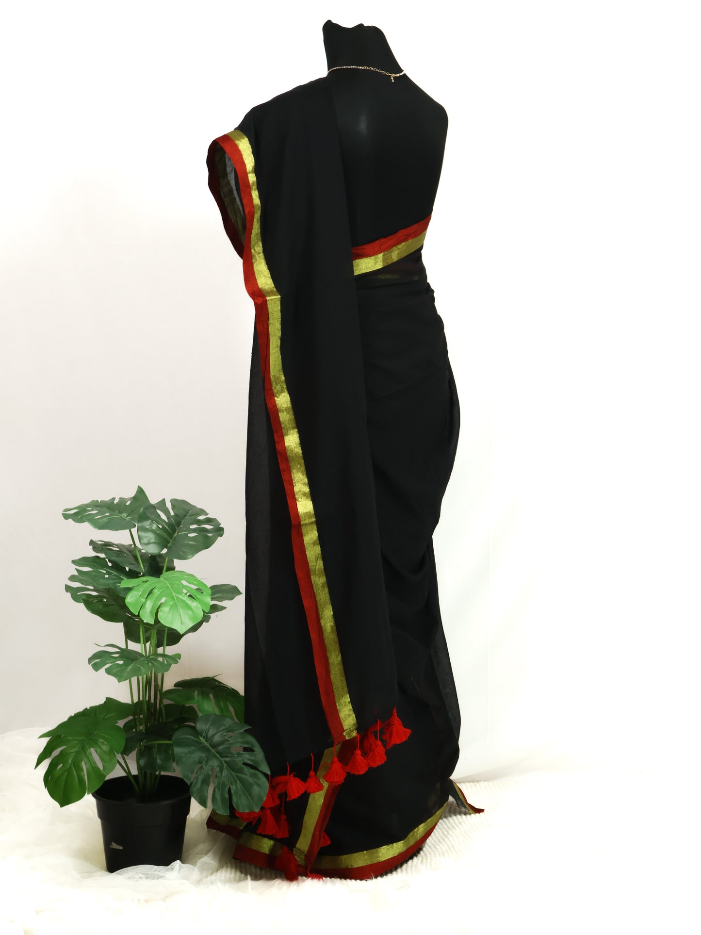 Black color red and golden border mul cotton saree-S197