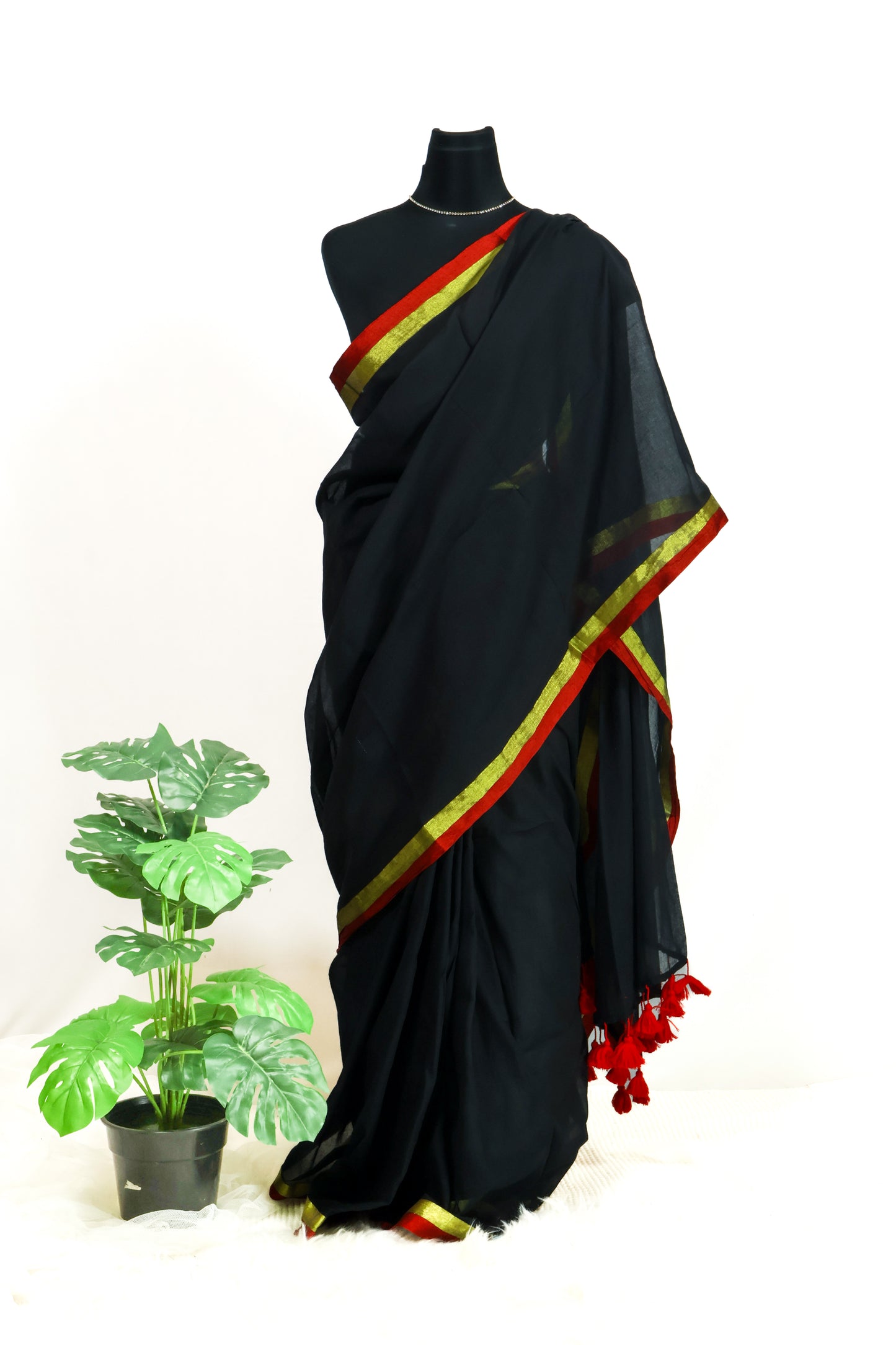 Black color red and golden border mul cotton saree-S197