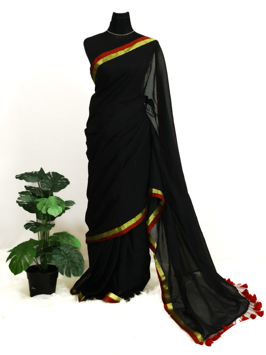 Black color red and golden border mul cotton saree-S197