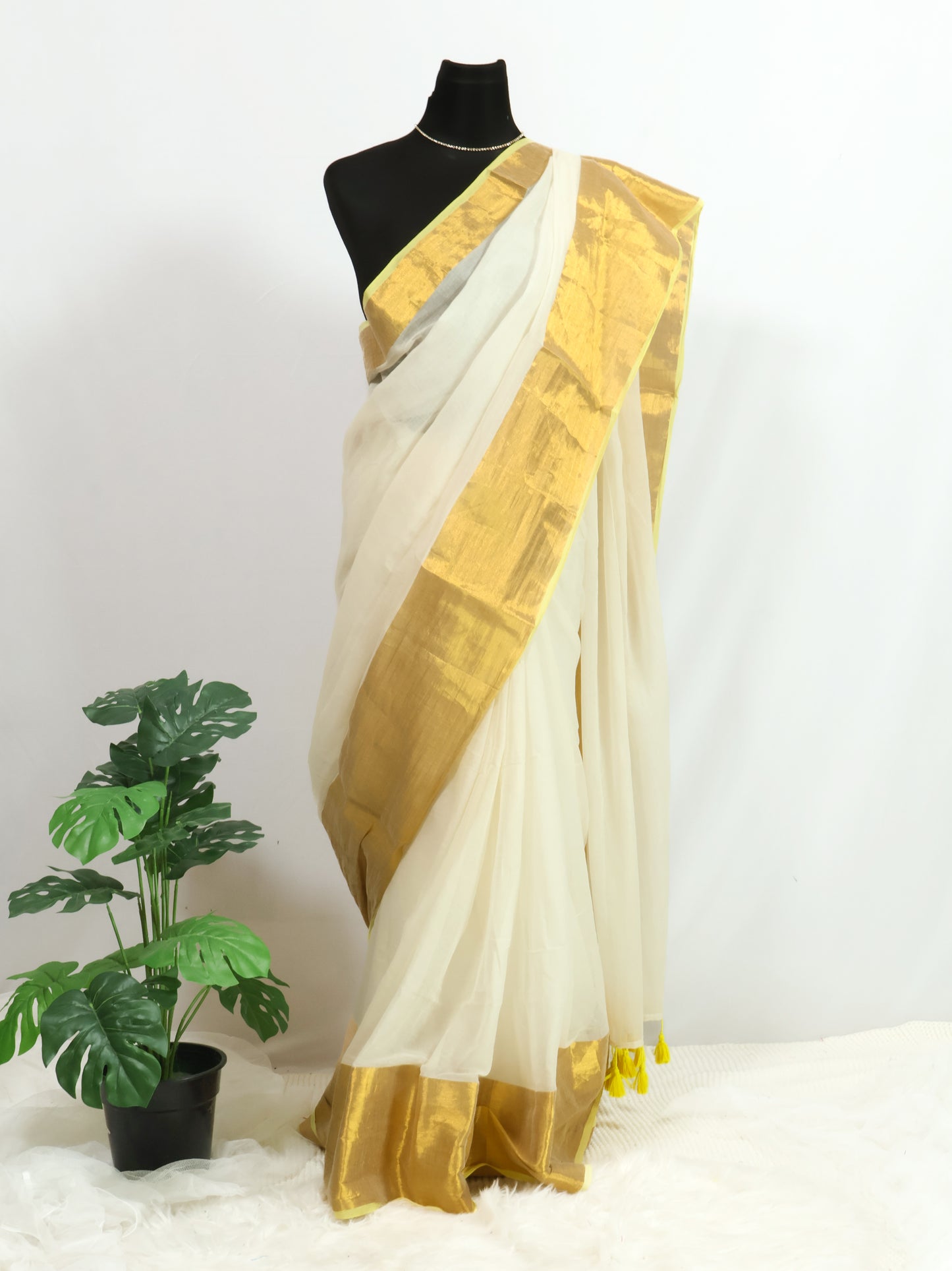 Off white golden zari border mul cotton saree-S196