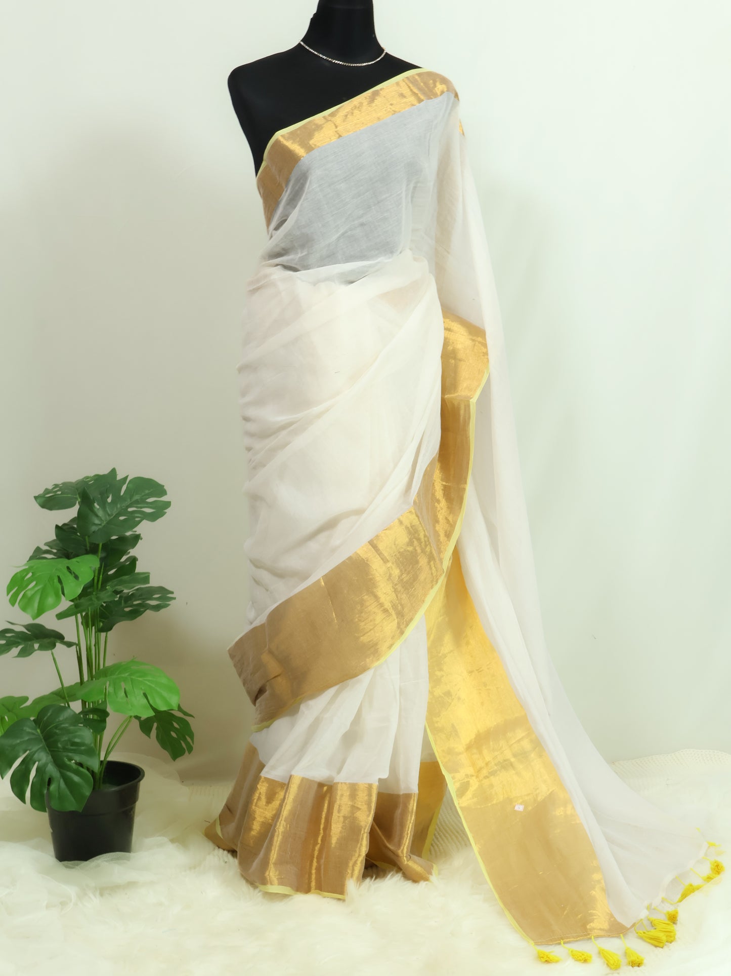 Off white golden zari border mul cotton saree-S196