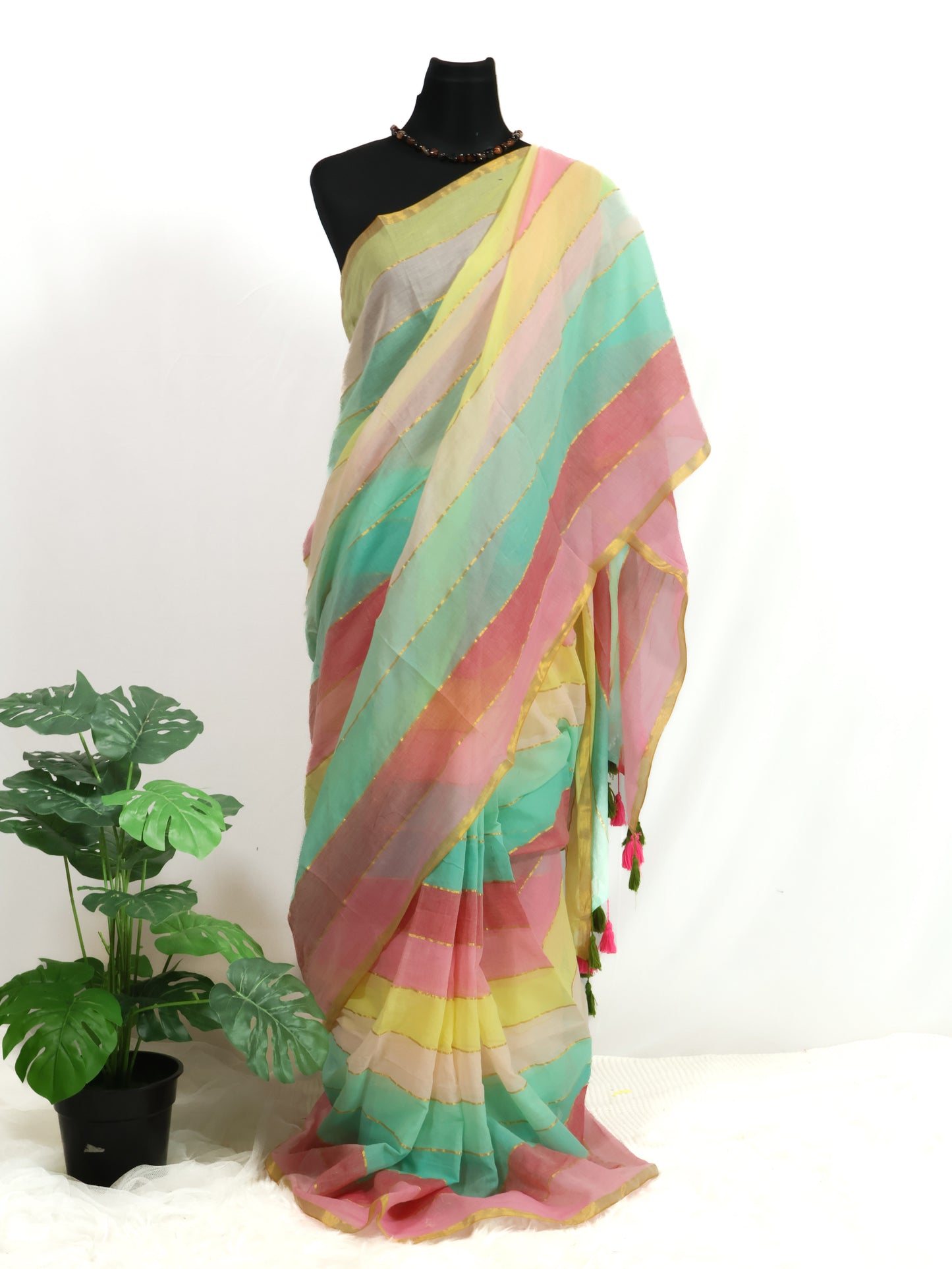 Multi color stripes  mul cotton saree-S195