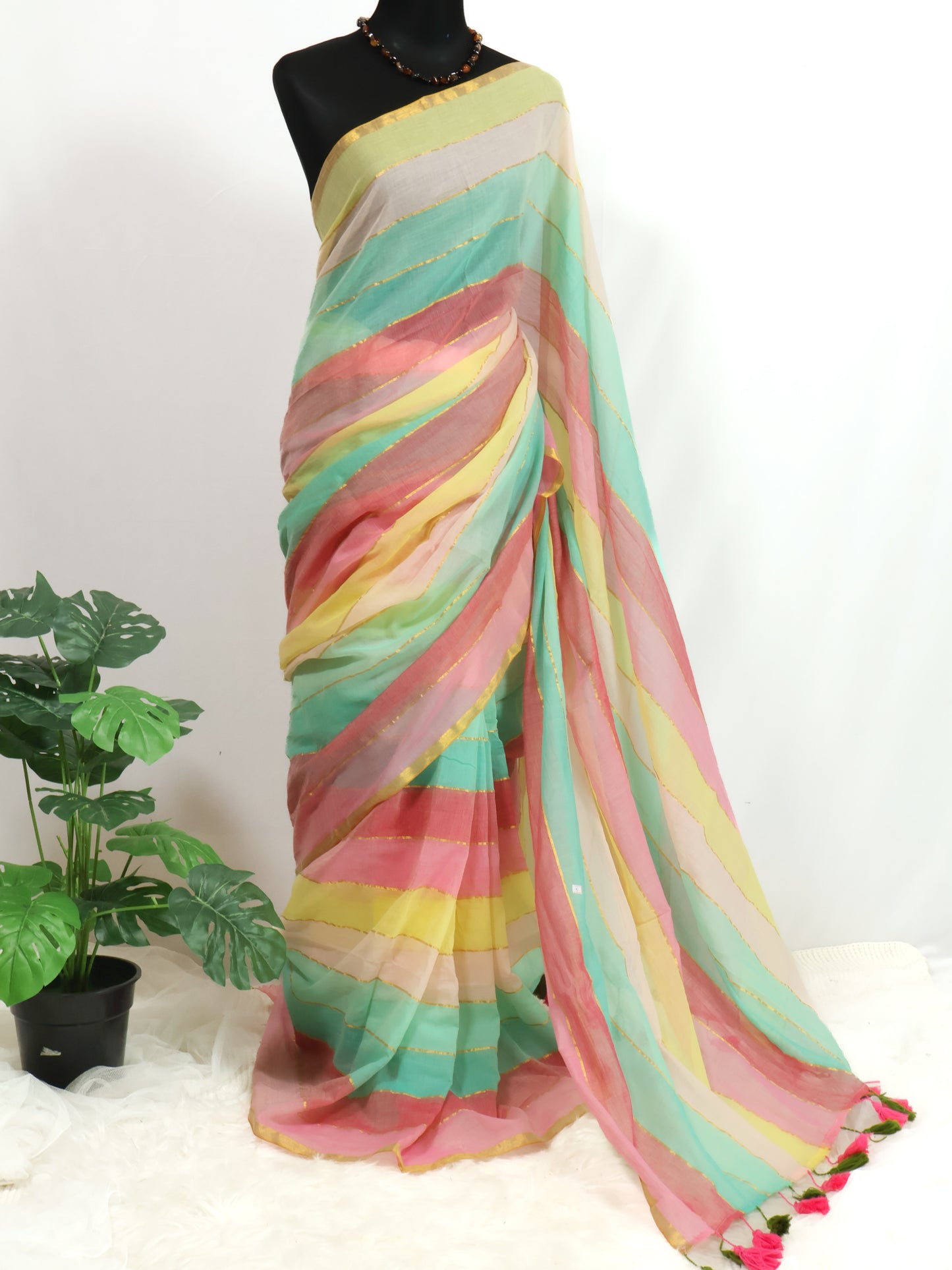 Multi color stripes  mul cotton saree-S195