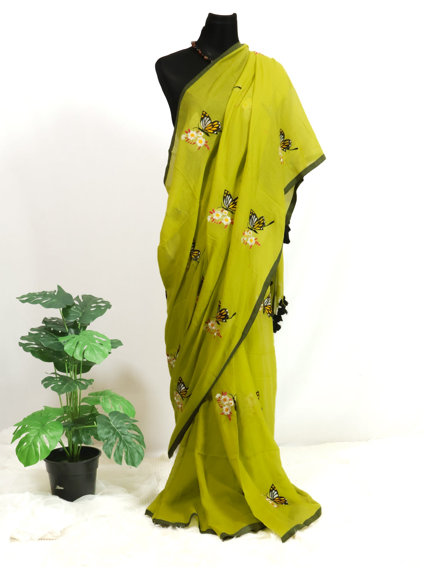 Butterfly embroidered green mul cotton saree-S183