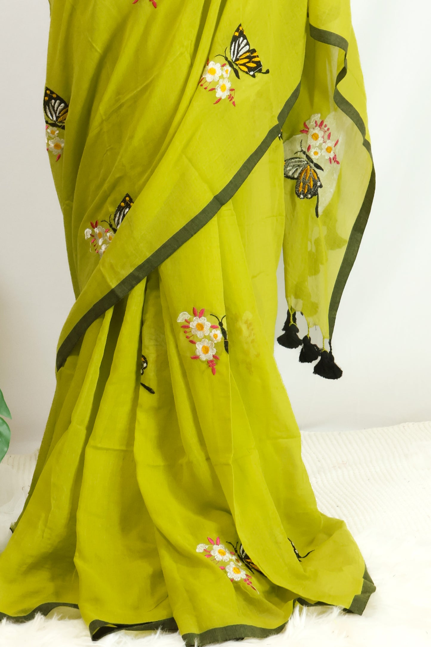 Butterfly embroidered green mul cotton saree-S183